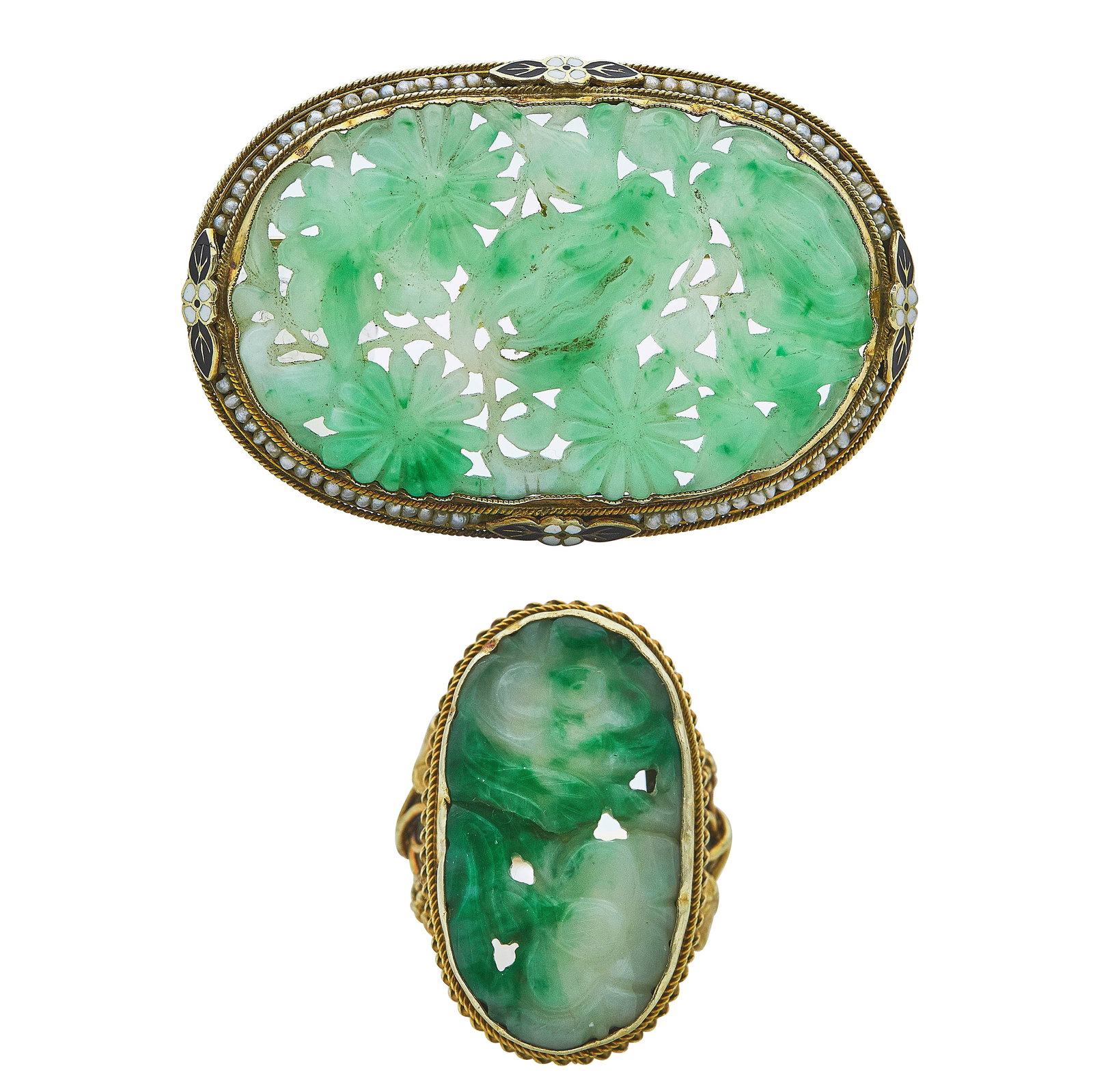 14K Yellow Gold Carved Jade, Seed Pearl, and Enamel Brooch and Carved Jade Ring Set: METAL: 14K Yellow Gold; GEMSTONES: Carved jade in ring measures approx 0.5 inch by 1 inch, jade in brooch measures approx. 1.75 inches by 1.20 inches. 75 white, freshwater cultured pearls, each measur