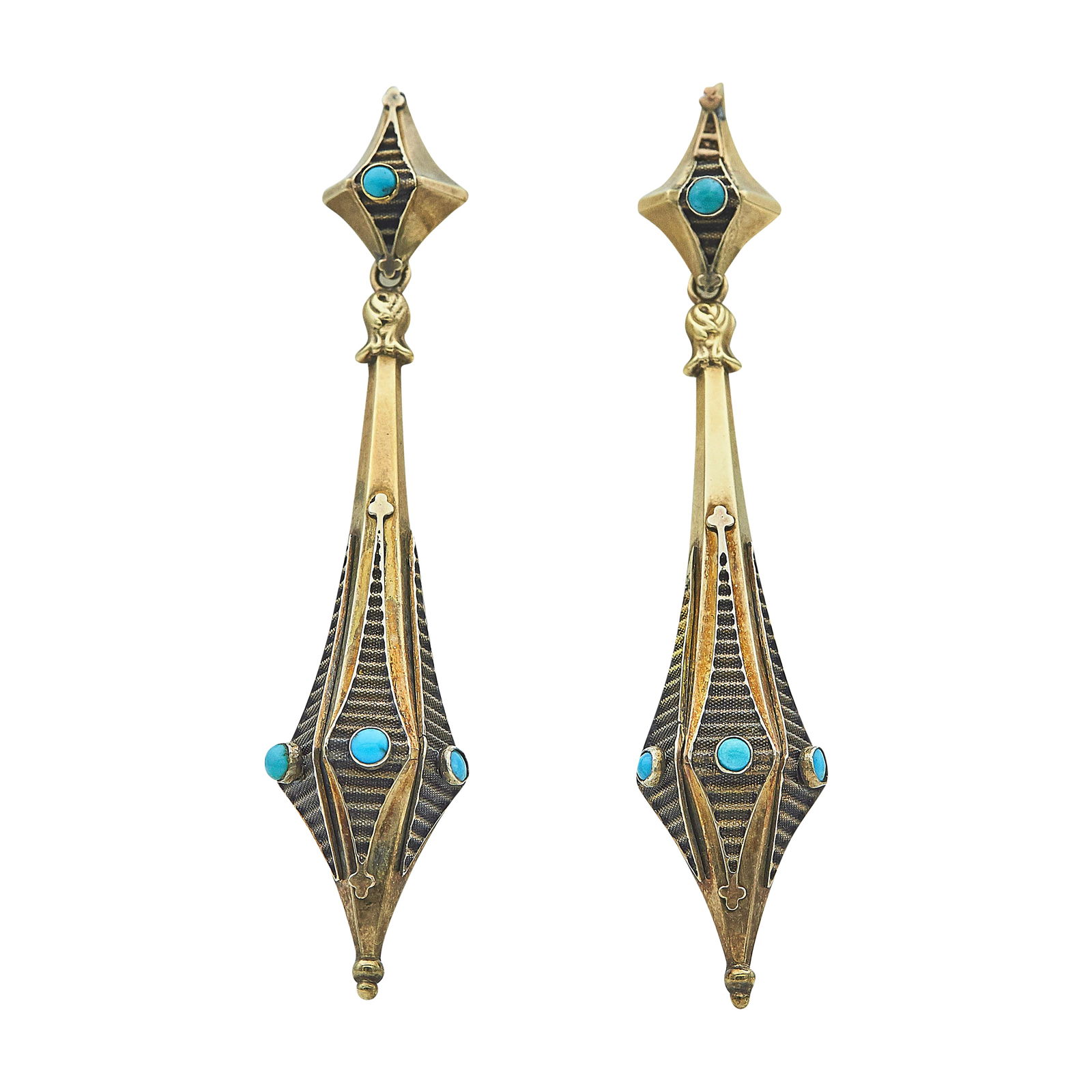 Antique 9K Yellow Gold and Turquoise Day-to-Night Earrings: METAL: 9K Yellow Gold; GEMSTONES: Turquoise; STAMPED: 375, Maker's marks; CONDITION: Pre-owned, Fair; ITEM WEIGHT (GRAMS): 11.48 g; MEASUREMENTS: Earrings 3 1/4" inches long with drops including wires