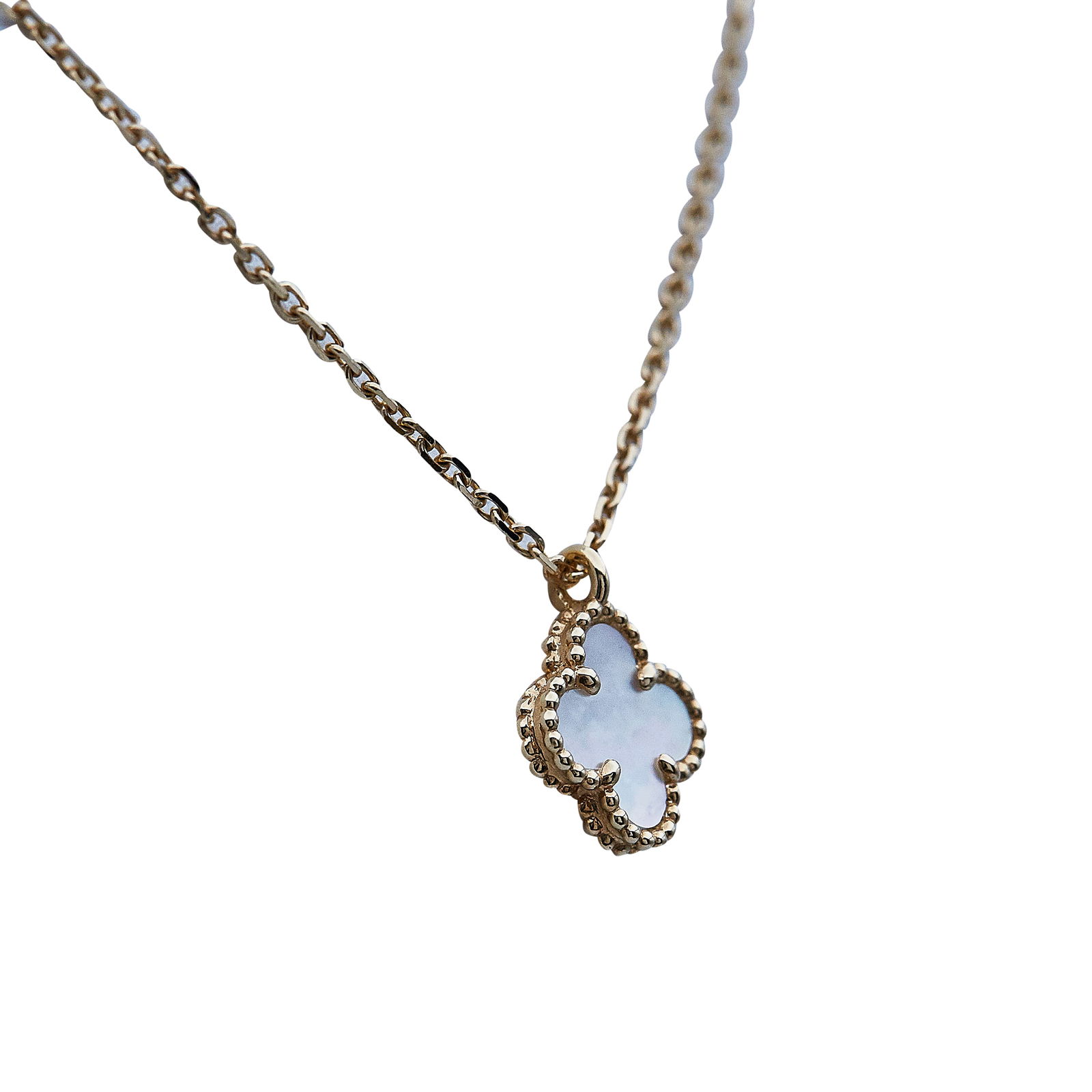 Van Cleef & Arpels Sweet Alhambra 18k Yellow Gold Mother-of-Pearl Necklace: BRAND: VCA; COLLECTION: Alhambra (Sweet); METAL: 18K Yellow Gold; GEMSTONES: MOP; STAMPED: Necklace stamped: VCA, Au750, serial number; makers mark, assay mark; CONDITION: Pre-owned, Very Good; ITEM W