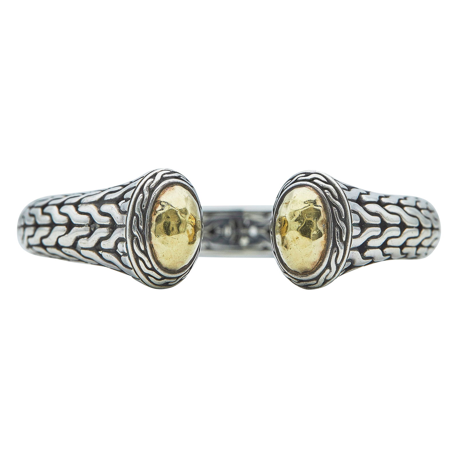 John Hardy 22k Yellow Gold and Silver Hinged Cuff Bracelet: BRAND: John Hardy; METAL: 22K Yellow Gold/Silver; STAMPED: Stamped 22K, 925; CONDITION: Pre-owned, Fair; ITEM WEIGHT (GRAMS): 50 g; MEASUREMENTS: Bracelet will fit up 7" wrist' width 20mm; ADDITIONAL