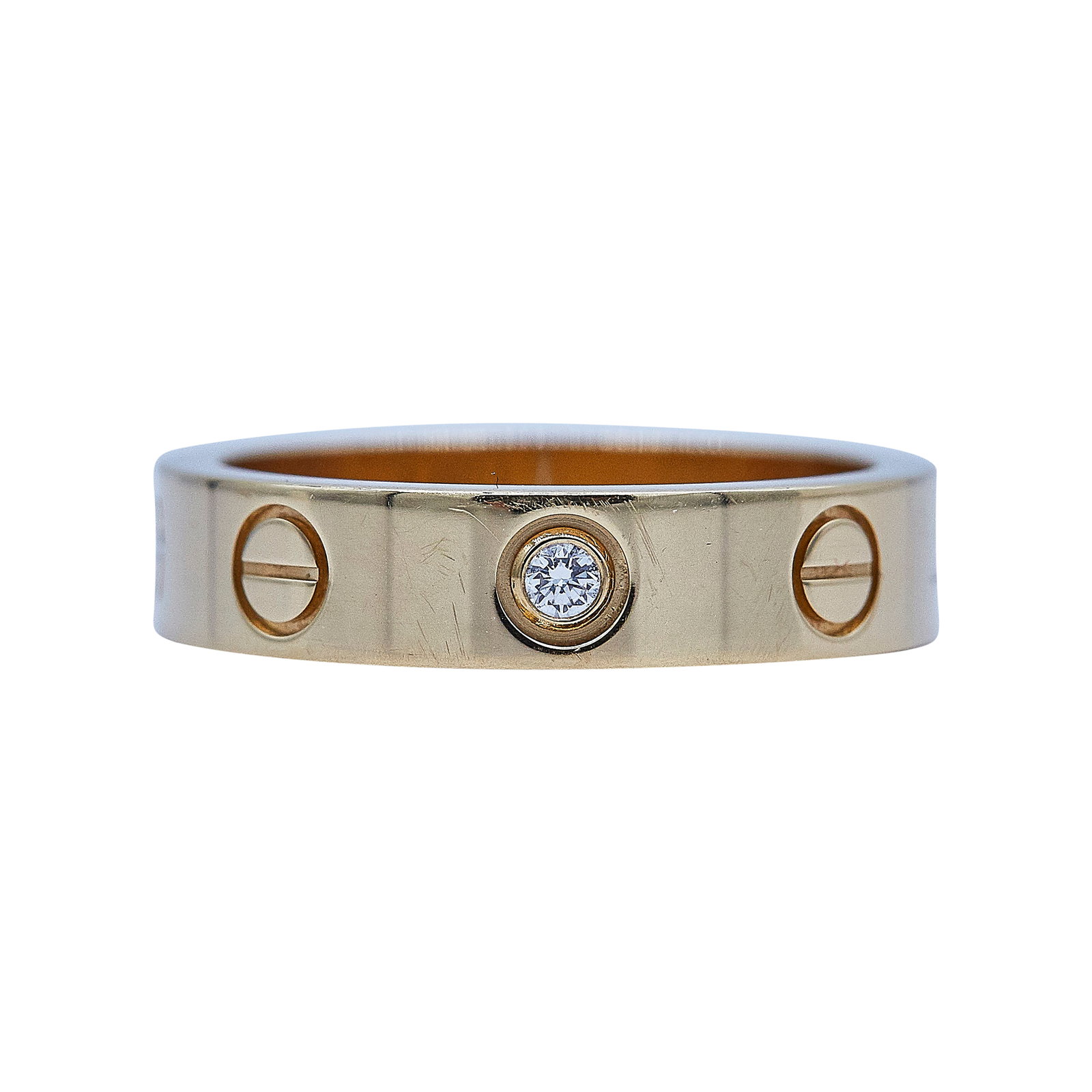 Cartier Love 18K Yellow Gold Diamond Ring: BRAND: Cartier; COLLECTION: Love; METAL: 18K Yellow Gold; APPROXIMATE TOTAL DIAMOND WEIGHT: 0.02 ctw; STAMPED: Cartier, 46, numbered, Au750, maker's mark; CONDITION: Pre-owned, Very Good; ITEM WEIGHT