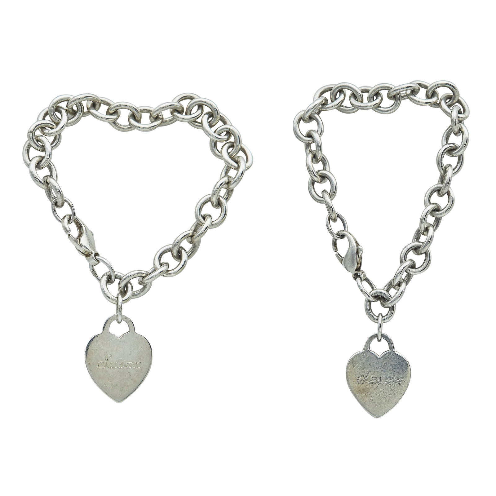 Tiffany & Co. Silver Bracelet Set: BRAND: Tiffany & Co.; METAL: Silver; STAMPED: Tiffany & Co. 925; CONDITION: Pre-owned, Good; ITEM WEIGHT (GRAMS): 69.4 g; ADDITIONAL COMMENTS: Personal engraving on both charms