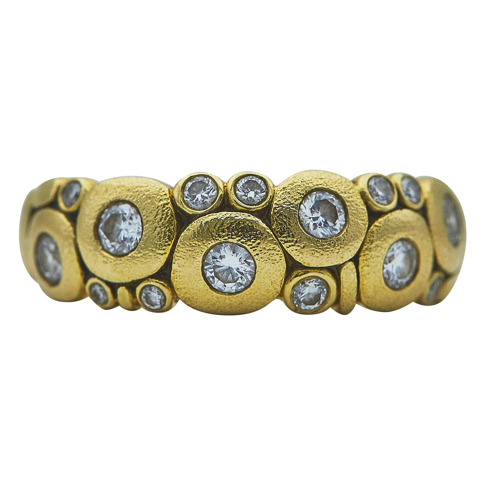Alex Sepkus 18K Yellow Gold and Diamond Band Ring: BRAND: Alex Sepkus; METAL: 18K Yellow Gold; APPROXIMATE TOTAL DIAMOND WEIGHT: 0.42 ctw; STAMPED: 750; CONDITION: Pre-owned, Very Good; ITEM WEIGHT (GRAMS): 4.7 g; MEASUREMENTS: Ring size ?
