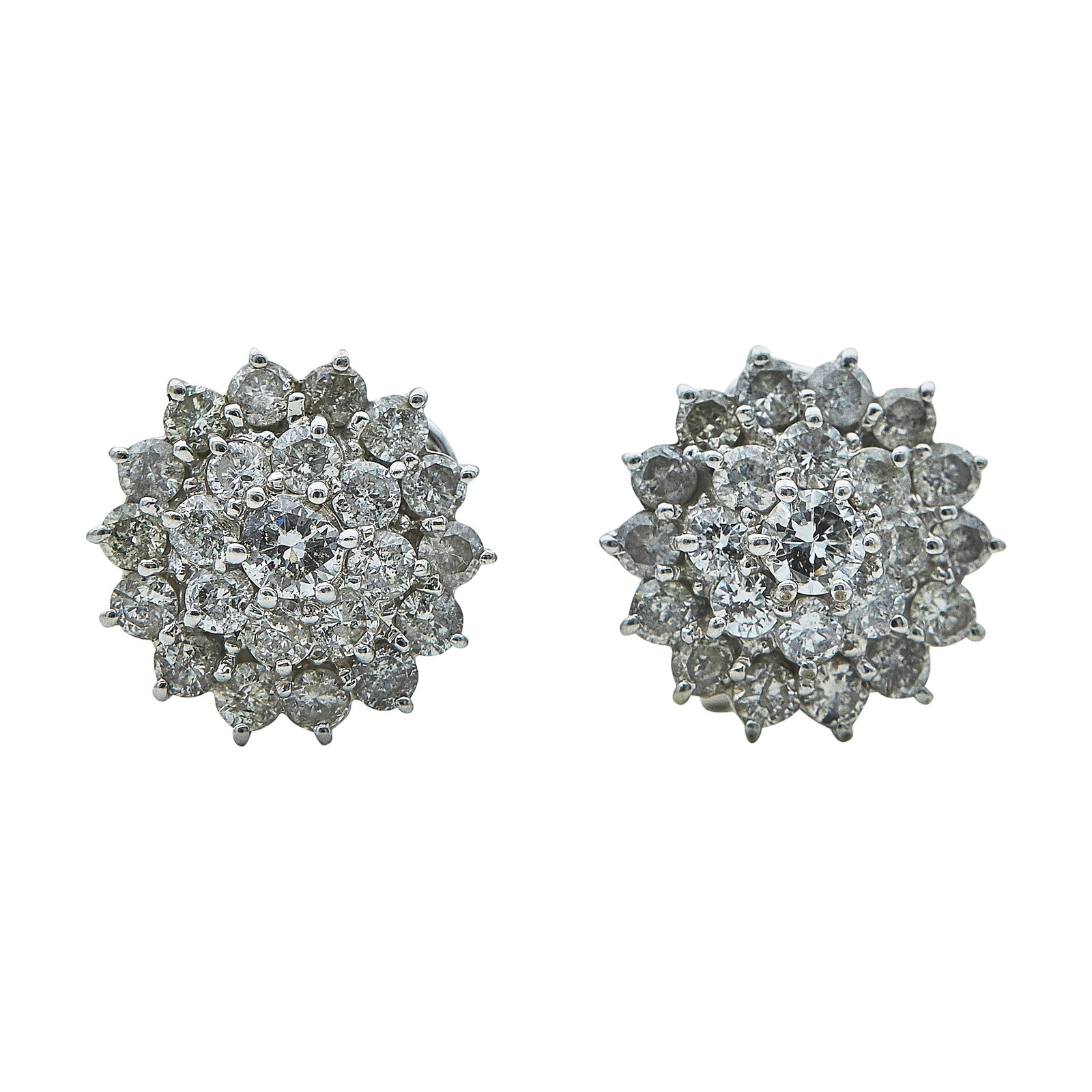 18K White Gold And Round Diamond Starburst Cluster Earrings: METAL: 18K White Gold; SHAPE: RBC; APPROXIMATE TOTAL DIAMOND WEIGHT: 1.75 ctw; STAMPED: 18K; CONDITION: Pre-owned, Good; ITEM WEIGHT (GRAMS): 6.4 g; MEASUREMENTS: Earrings measure approx. 1/2 inch in