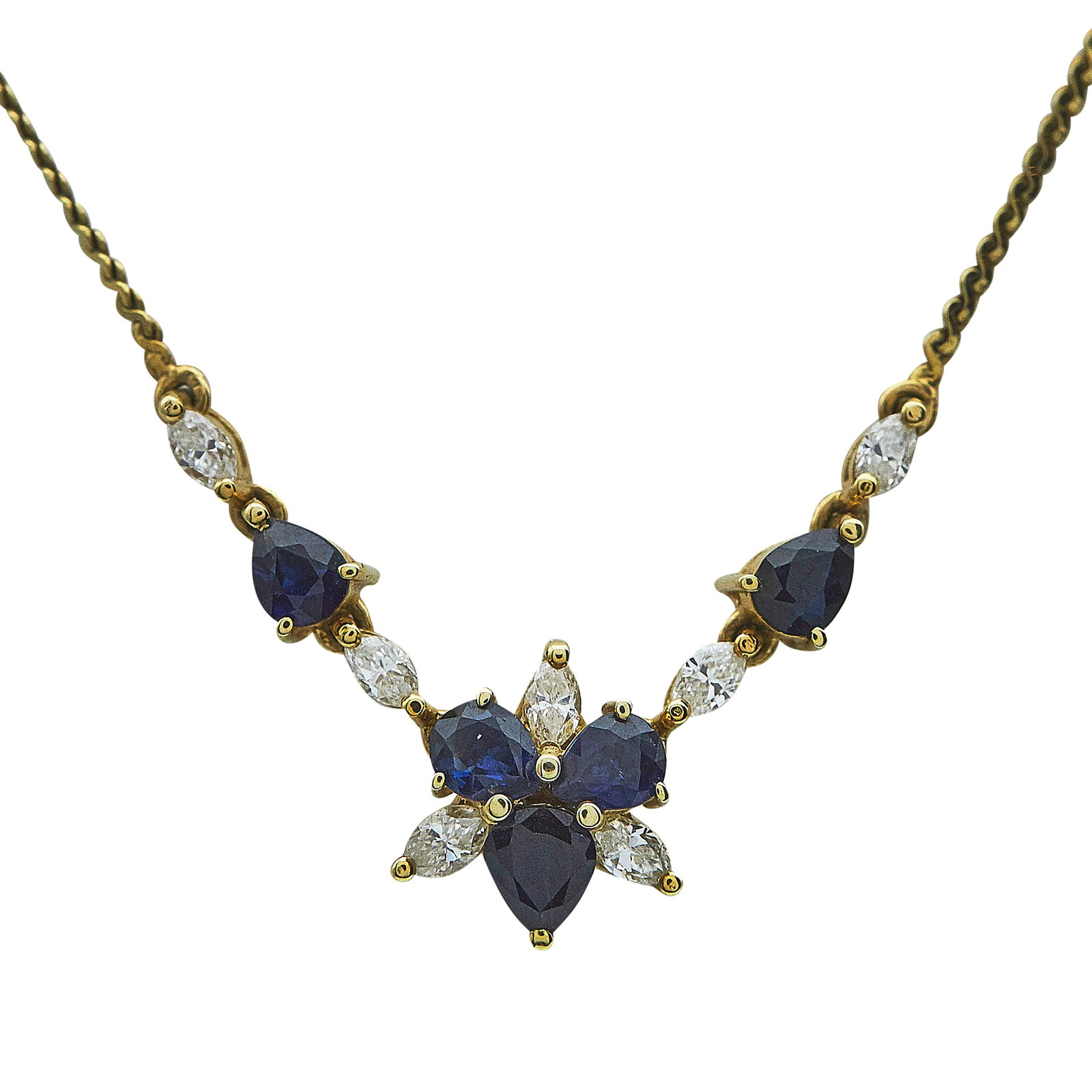 18K Yellow Gold Sapphire And Diamond Necklace: METAL: 18K Yellow Gold; APPROXIMATE TOTAL DIAMOND WEIGHT: 0.25 ctw; GEMSTONES: Sapphires weighing approx. 1 cttw; STAMPED: 18K; CONDITION: Pre-owned, Very Good; ITEM WEIGHT (GRAMS): 6.2 g; MEASUREMENT