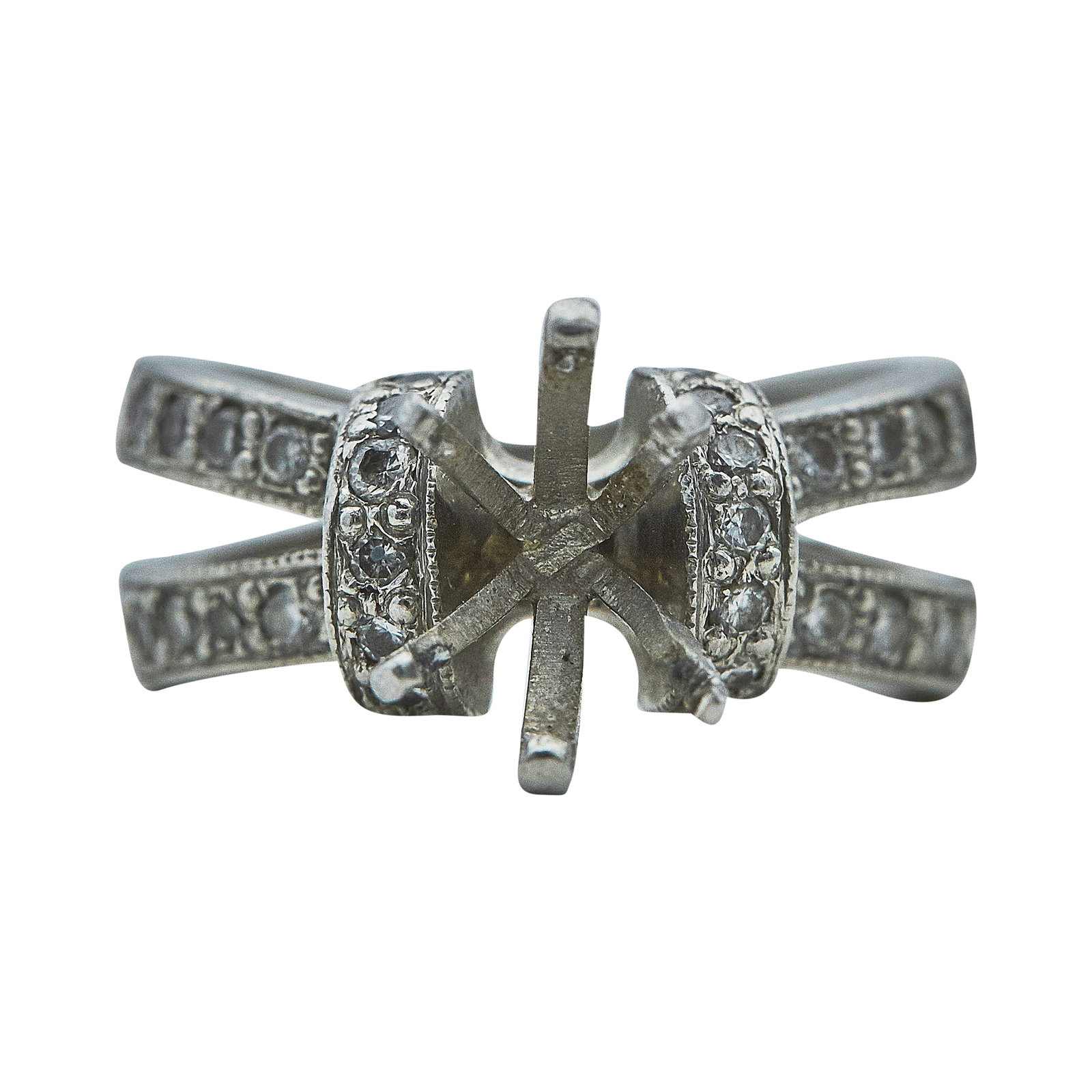 Platinum And Diamond Split Shank Six Prong Engagement Ring Mounting: METAL: Platinum; APPROXIMATE TOTAL DIAMOND WEIGHT: 0.50 ctw; STAMPED: PLAT; CONDITION: Pre-owned, Good; ITEM WEIGHT (GRAMS): 14.1 g; MEASUREMENTS: Ring size 4.75, mounting will fit approx. 9.5-10.5 by