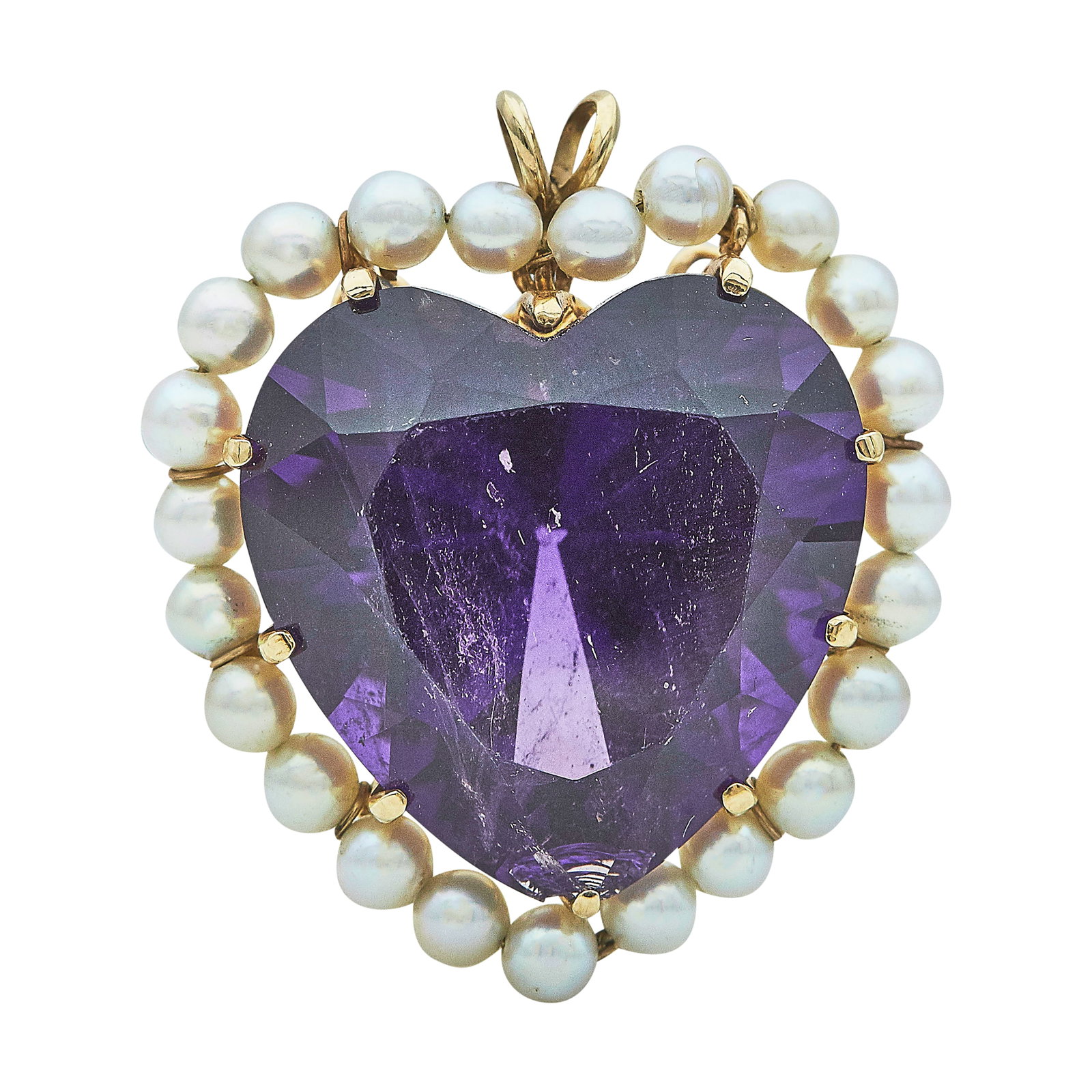 14K Yellow Gold Amethyst And Pearl Heart Pendant: METAL: 14K Yellow Gold; GEMSTONES: Amethyst weighing approx. 71 carats; 23 white cultured pearls, each measuring approx. 4.5mm in diameter.; TESTED: 14K Yellow Gold; CONDITION: Pre-owned, Good; ITEM W