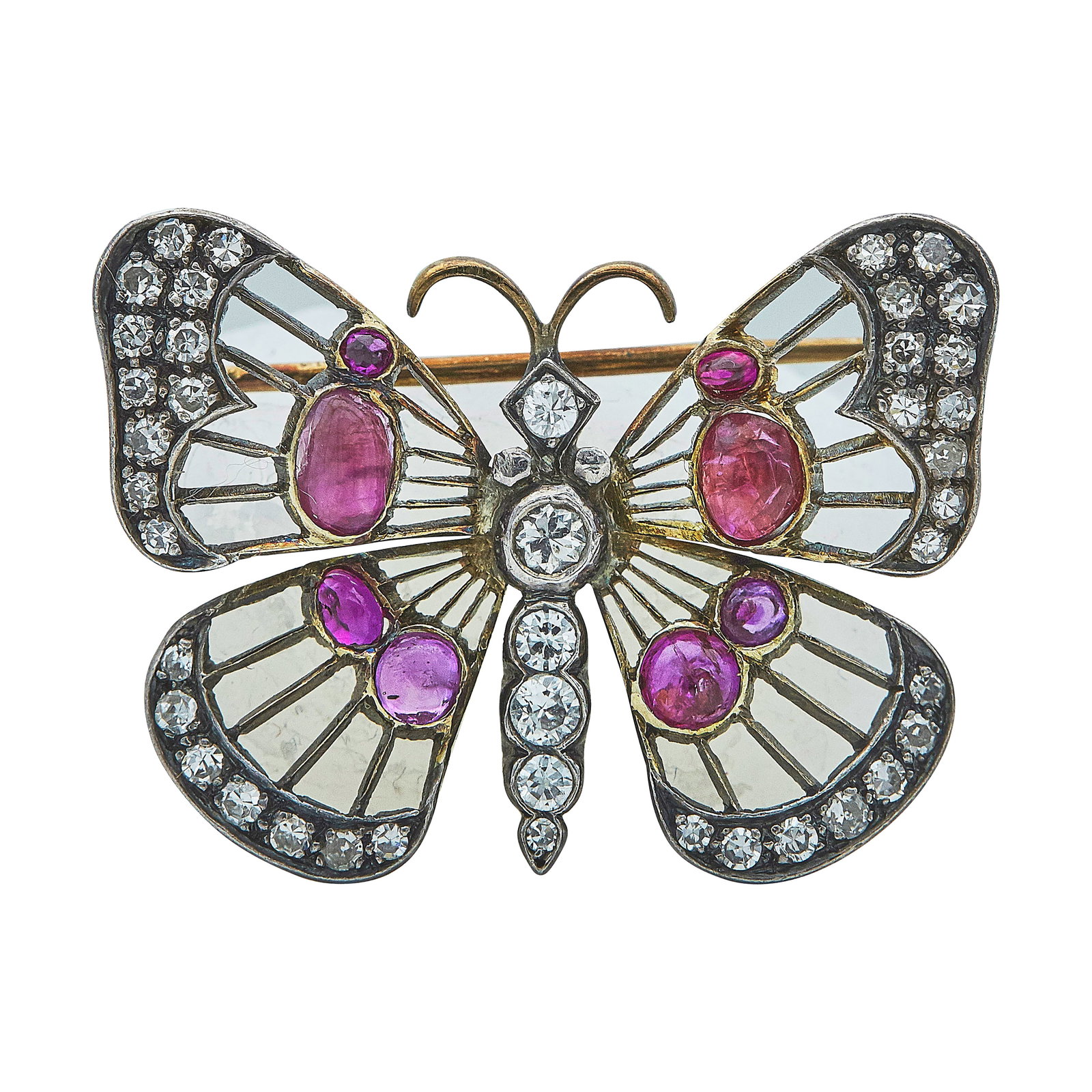 14K Yellow Gold And Silver Diamond And Ruby Butterfly Brooch Pin: METAL: 14K Yellow Gold, Silver; APPROXIMATE TOTAL DIAMOND WEIGHT: 0.95 ctw; GEMSTONES: Ruby cabochons weighing approx. 1.5 cttw; STAMPED: GL 585, illegible marking; CONDITION: Pre-owned, Good; ITEM WE
