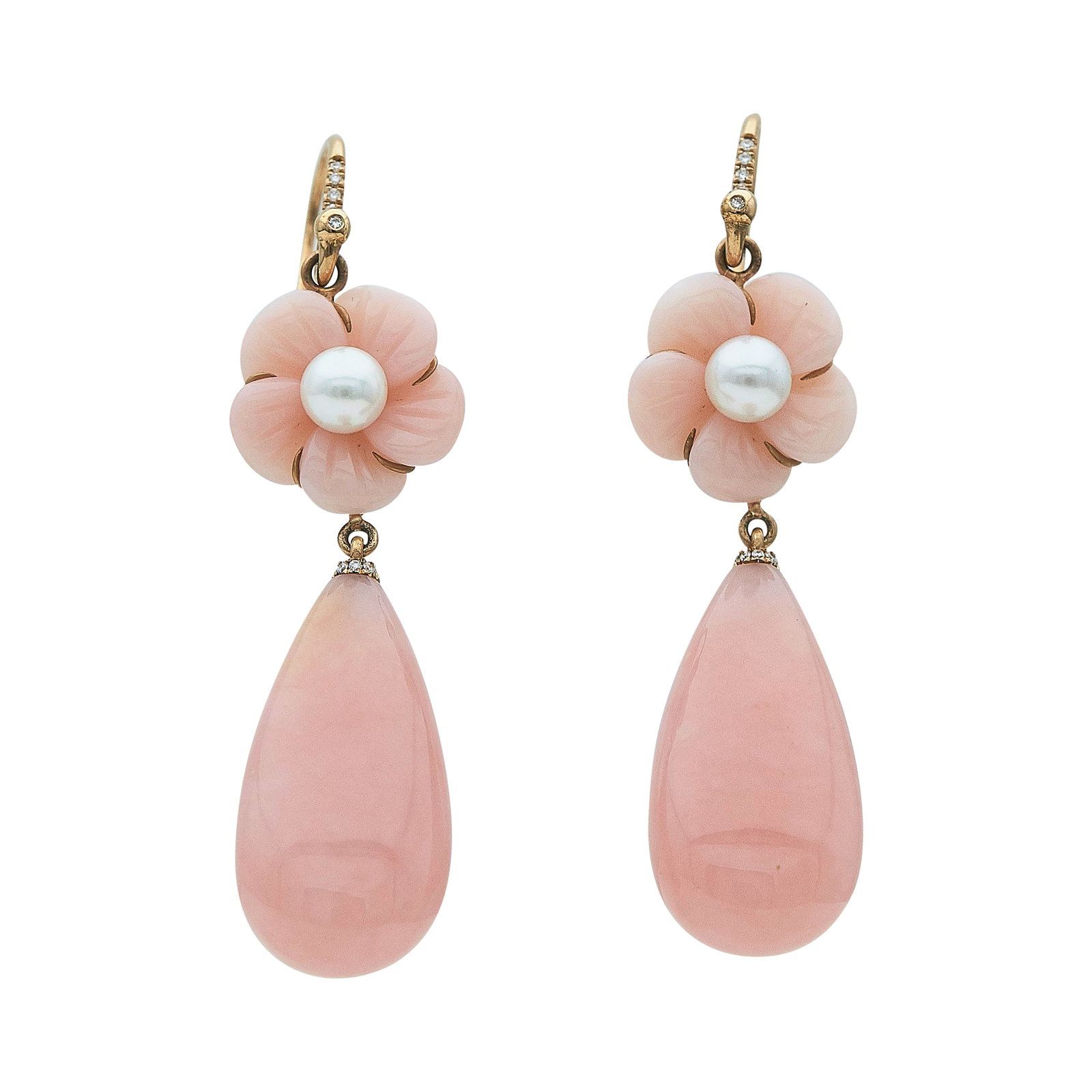 Irene Neuwirth 18K Rose Gold Pink Opal, Pearl And Diamond Cherry Blossom Drop Earrings: BRAND: Irene Neuwirth; METAL: 18K Rose Gold; APPROXIMATE TOTAL DIAMOND WEIGHT: 0.05 ctw; GEMSTONES: carved pink opal, cultured pearls measuring approx. 5.5mm in diameter; STAMPED: Irene, 18K; CONDITIO