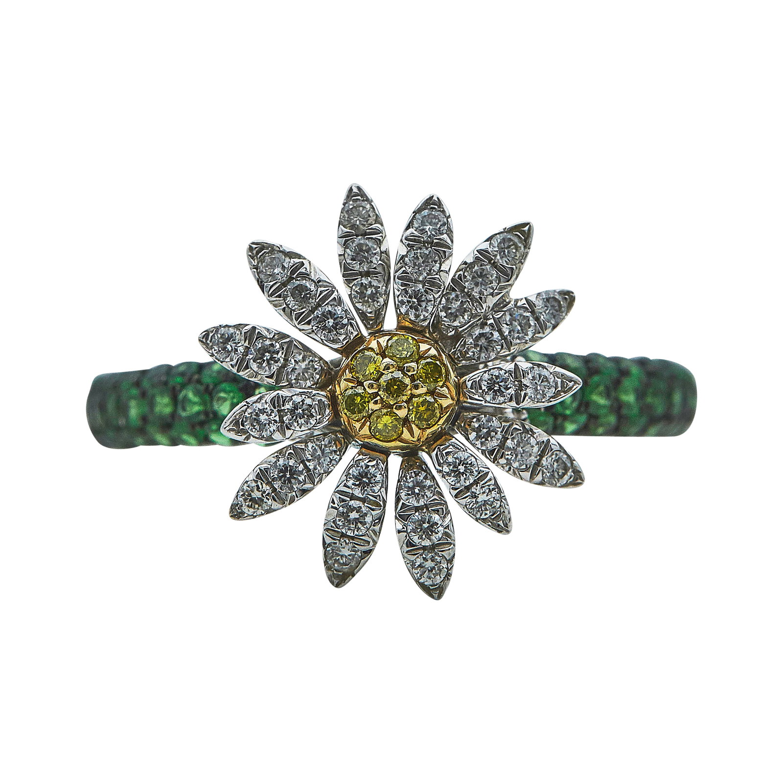 Henri J. Sillam Small Daisy 18K White Gold Tsavorite And Pave Diamond Flower Ring: BRAND: Henri J. Sillam; COLLECTION: Daisy; METAL: 18K White Gold/Yellow Gold; APPROXIMATE TOTAL DIAMOND WEIGHT: 0.25 ctw; GEMSTONES: Tsavorites weighing 0.75 cttw, yellow diamonds weighing 0.05 cttw;