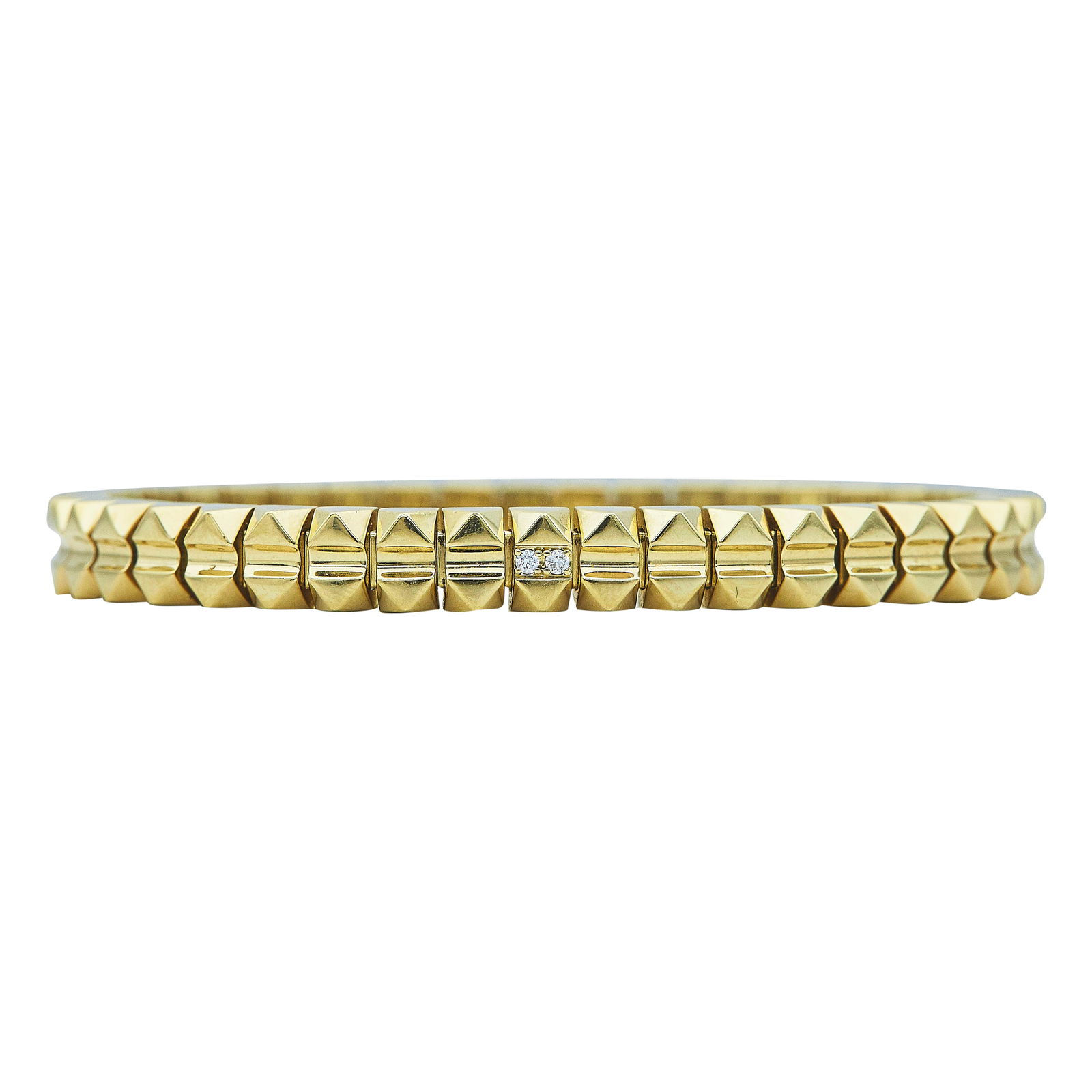 Roberto Coin Obelisco Flexible 18K Yellow Gold And Diamond Bracelet: BRAND: Roberto Coin; METAL: 18K Yellow Gold; APPROXIMATE TOTAL DIAMOND WEIGHT: 0.02 ctw; STAMPED: ruby maker's mark, RC, 18K; CONDITION: Pre-owned, Very Good; ITEM WEIGHT (GRAMS): 30.42 g; MEASUREMENT