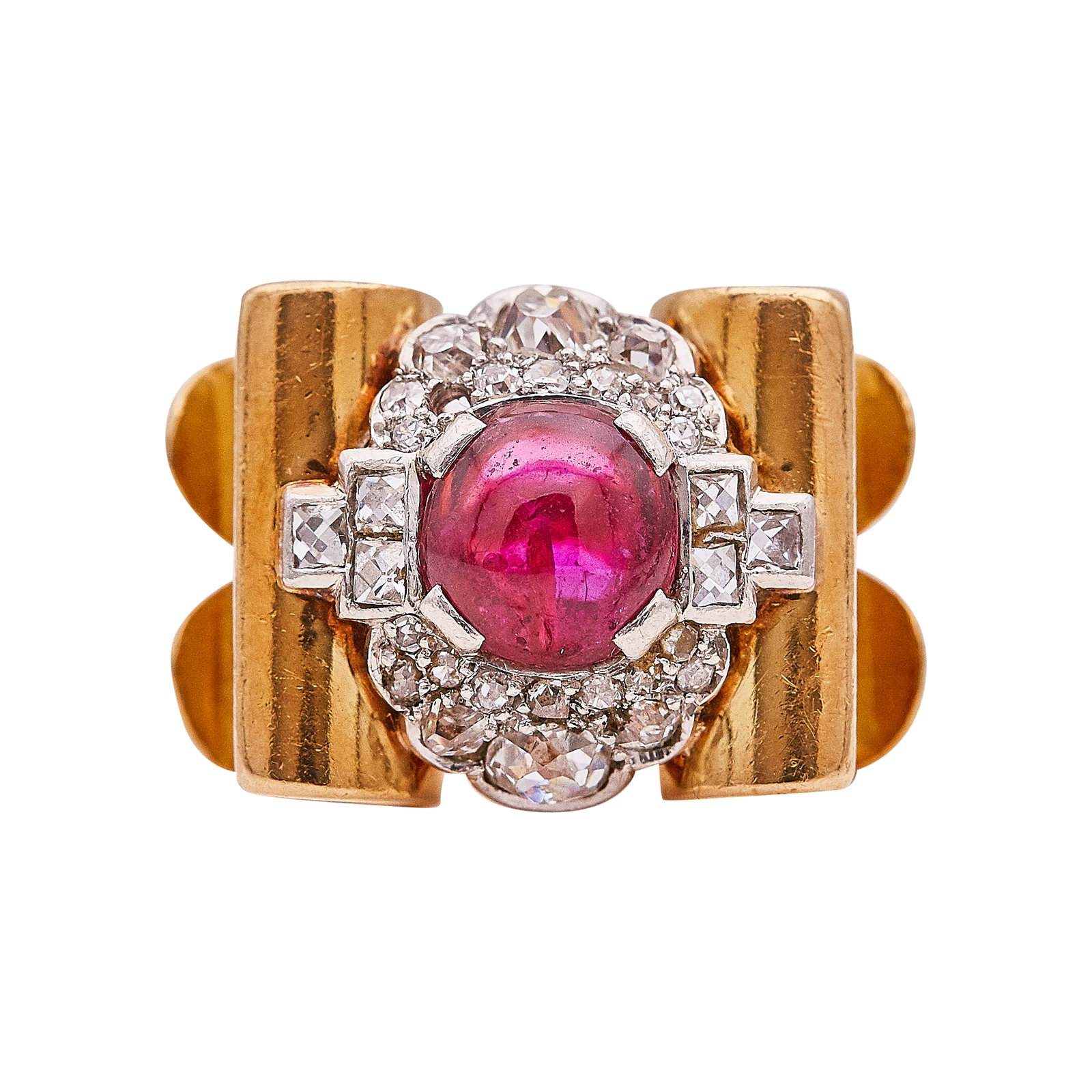 Retro 18K Yellow Gold and Platinum Ruby and Diamond Ring (1 of 3)