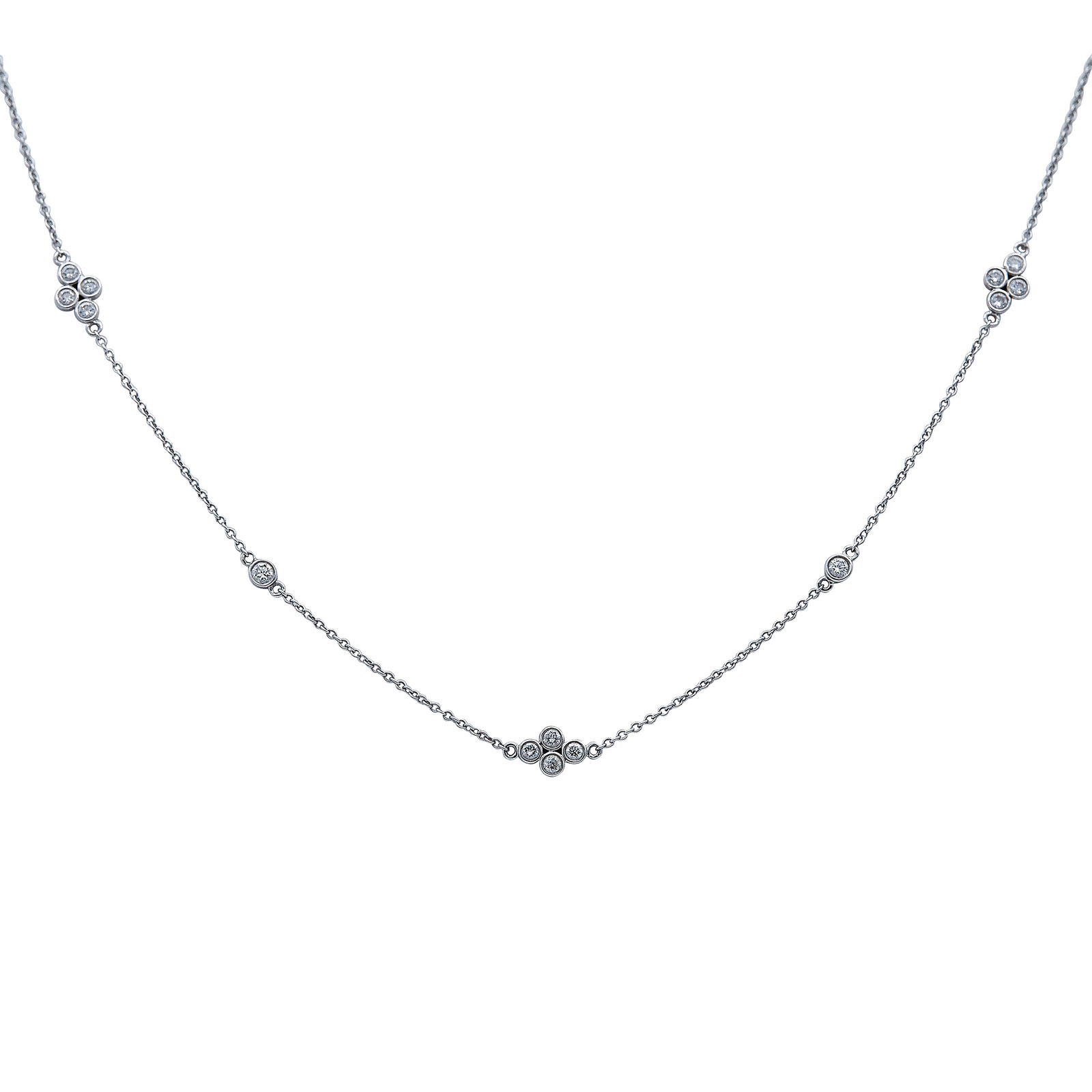 Kwiat Quads 18K White Gold And Diamond Necklace, 36 Inches: BRAND: Kwiat; METAL: 18K White Gold; SHAPE: RBC; APPROXIMATE TOTAL DIAMOND WEIGHT: 1.65 ctw; APPROXIMATE DIAMOND COLOR(S): G-H; APPROXIMATE DIAMOND CLARITY: VS2-SI1; STAMPED: Kwait, maker's mark. 18K,