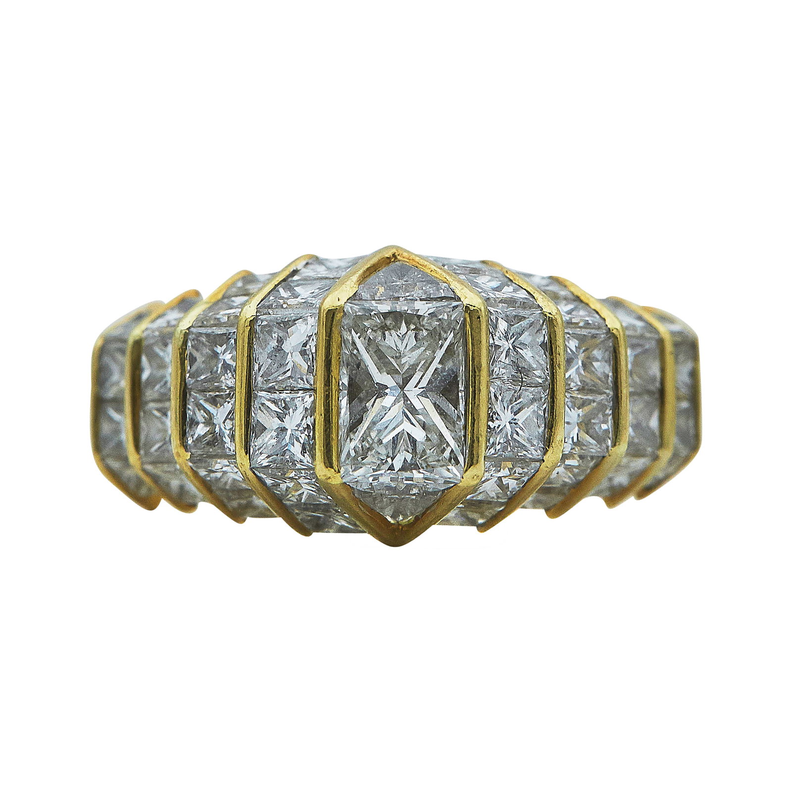 Quadrillion 18K Yellow Gold Approx. 5.00 CTTW Diamond Ring: BRAND: Quadrillion; METAL: 18K Yellow Gold; APPROXIMATE TOTAL DIAMOND WEIGHT: 5 ctw; STAMPED: QUAD, numbered, 750; CONDITION: Pre-owned, Very Good; ITEM WEIGHT (GRAMS): 8.1 g; MEASUREMENTS: Ring size