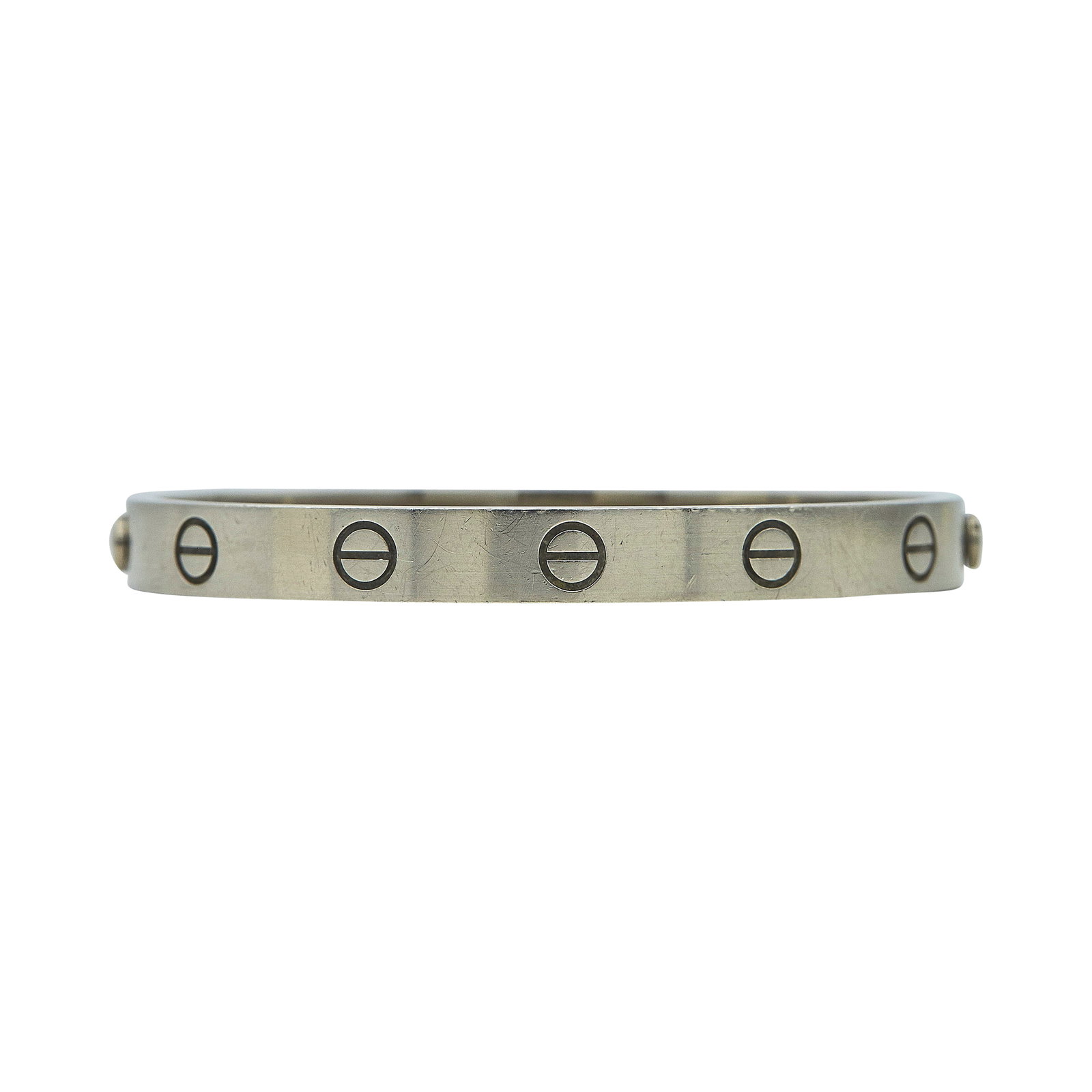 18K White Gold Bangle Bracelet With Double Screw Closure: METAL: 18K White Gold; STAMPED: spurious marks; TESTED: 18K White Gold; CONDITION: Pre-owned, Good; ITEM WEIGHT (GRAMS): 31.8 g; MEASUREMENTS: Stamped size 16, will fit wrists up to 6 inches