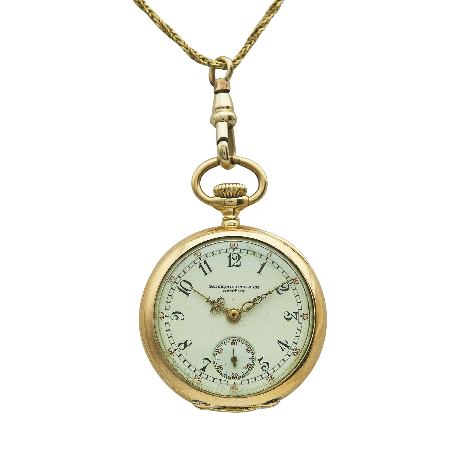 Patek Philippe Pocket 18K Yellow Gold Pocket Watch and 18K Yellow Gold Chain, Ref. Unknown circa: BRAND: Patek Philippe; REF. #: Unknown; CONDITION: Pre-owned, Good; YEAR: Circa 1900; ADDITIONAL COMMENTS: Chain is a modern addition, Scratches throughout acrylic crystal, Light scratches throughout