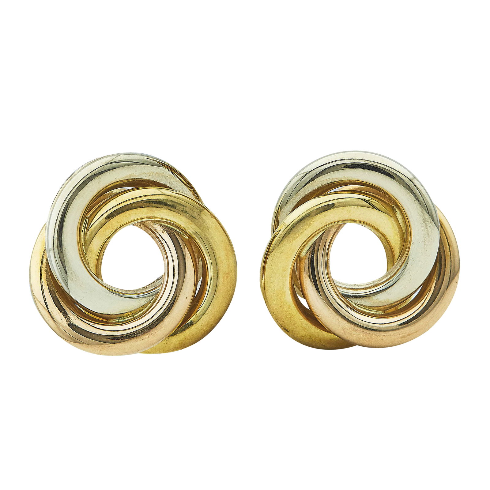 18K Tri-Color Gold Concentric Circle Stud Earrings: METAL: 18K Tri-Color; STAMPED: 750, italian makers mark, makers mark; CONDITION: Pre-owned, Good; ITEM WEIGHT (GRAMS): 8.5 g; MEASUREMENTS: Earrings measure approx. 7/8 inch diameter; ADDITIONAL COMME