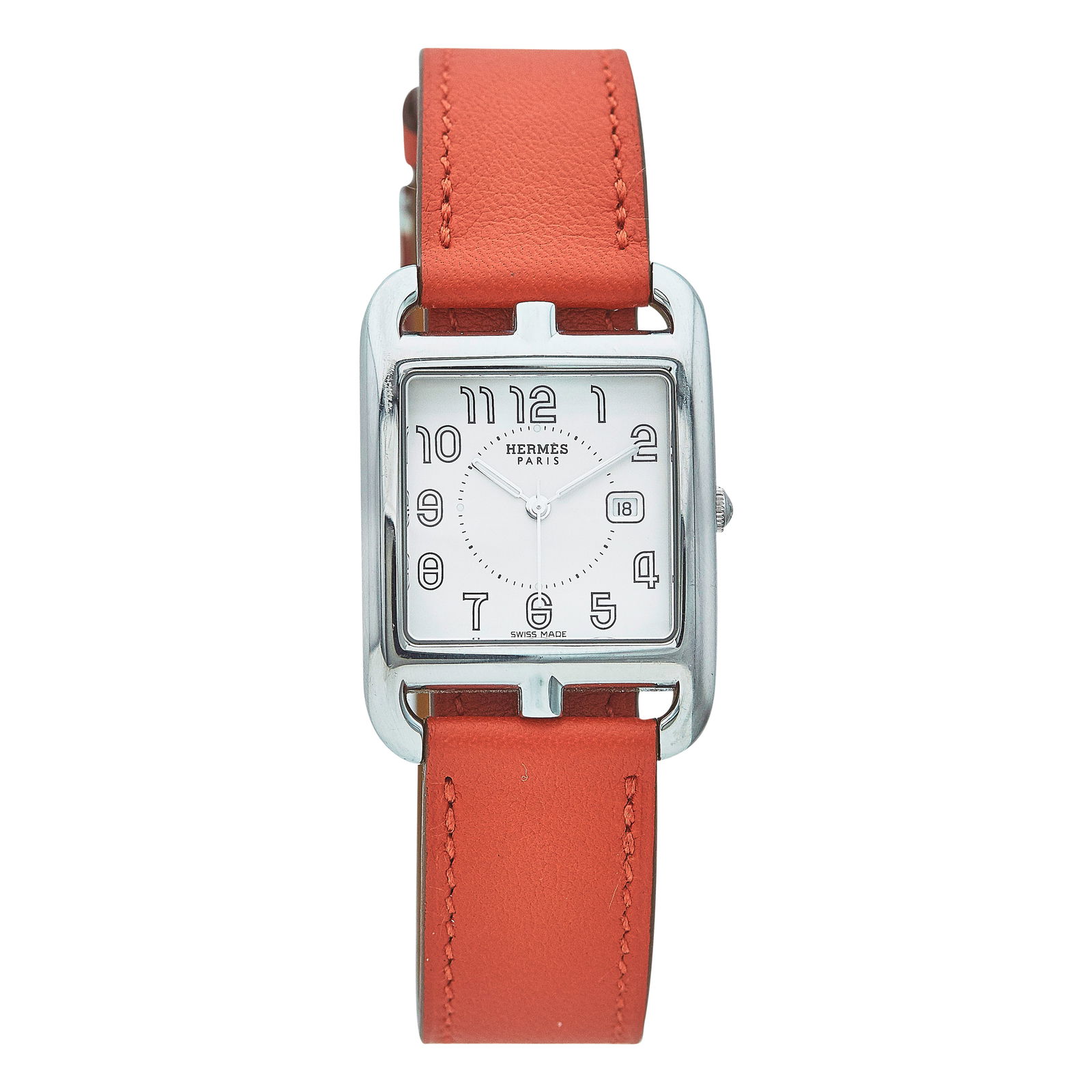 Hermès Cape Cod Stainless Steel Watch Ref. CC2.710, circa 2015: BRAND: Hermès; STYLE: Cape Cod; REF. #: CC2.710; CONDITION: Pre-owned, Very Good; YEAR: Circa 2015; ADDITIONAL COMMENTS: Scratches on watch case, Accompanied by branded double wrap leather strap and