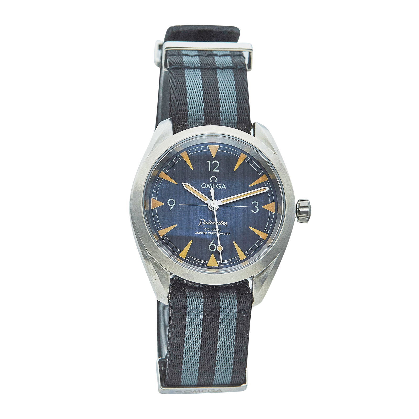 Omega Railmaster Stainless Steel Watch Ref. 220.12.40.20.01.001, 2020: BRAND: Omega; STYLE: Railmaster; REF. #: 220.12.40.20.01.001; CONDITION: Pre-owned, Excellent; YEAR: 2020; ADDITIONAL COMMENTS: Very faint scratches on left side of case, Case back sticker intact, Acc