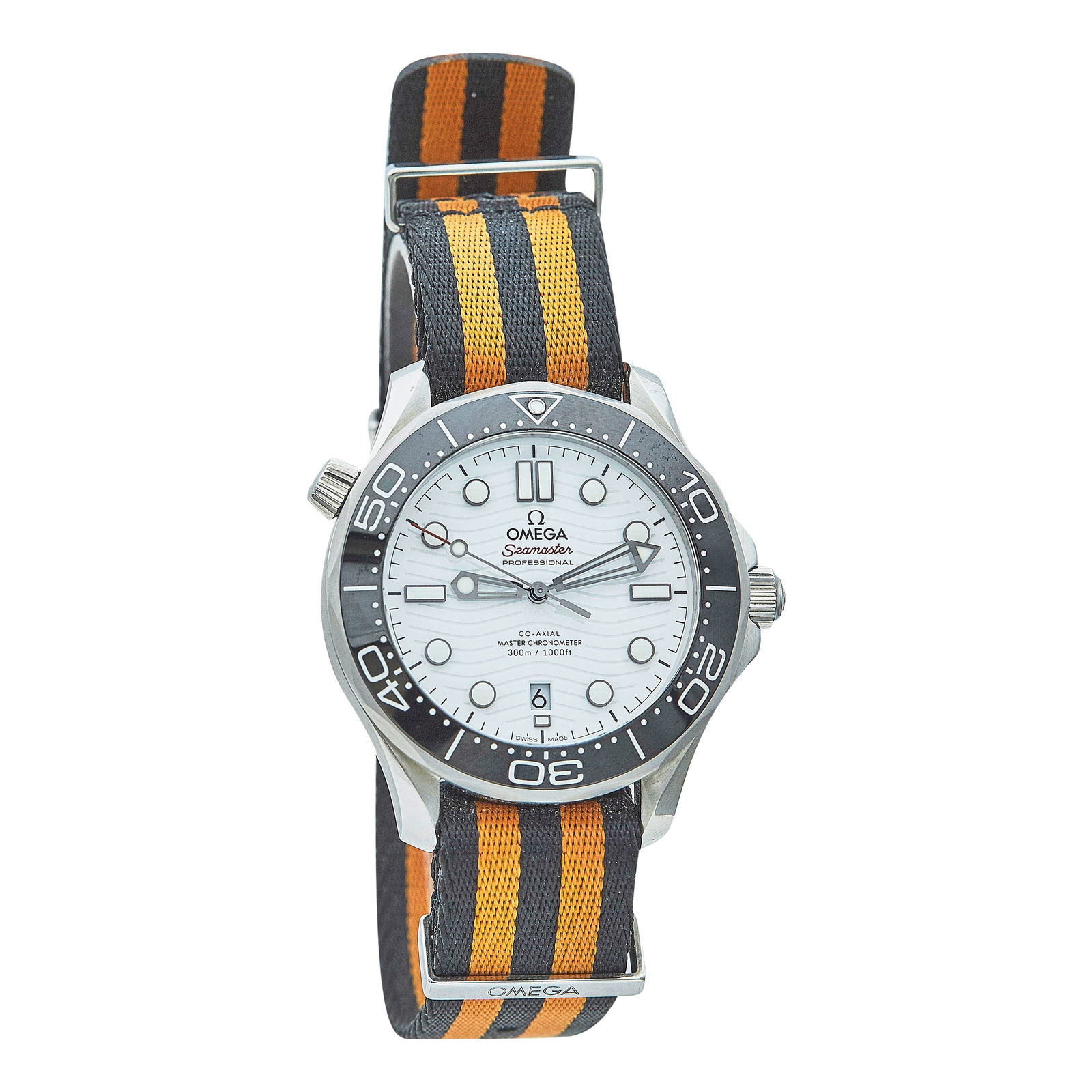 Omega Seamaster Diver 300 Stainless Steel Watch Ref. 210.30.42.20.04.001, circa 2020: BRAND: Omega; STYLE: Seamaster Diver 300; REF. #: 210.30.42.20.04.001; CONDITION: Pre-owned, Very Good; YEAR: Circa 2020; ADDITIONAL COMMENTS: Scratches on case, NATO bracelet a later addition; CASE S