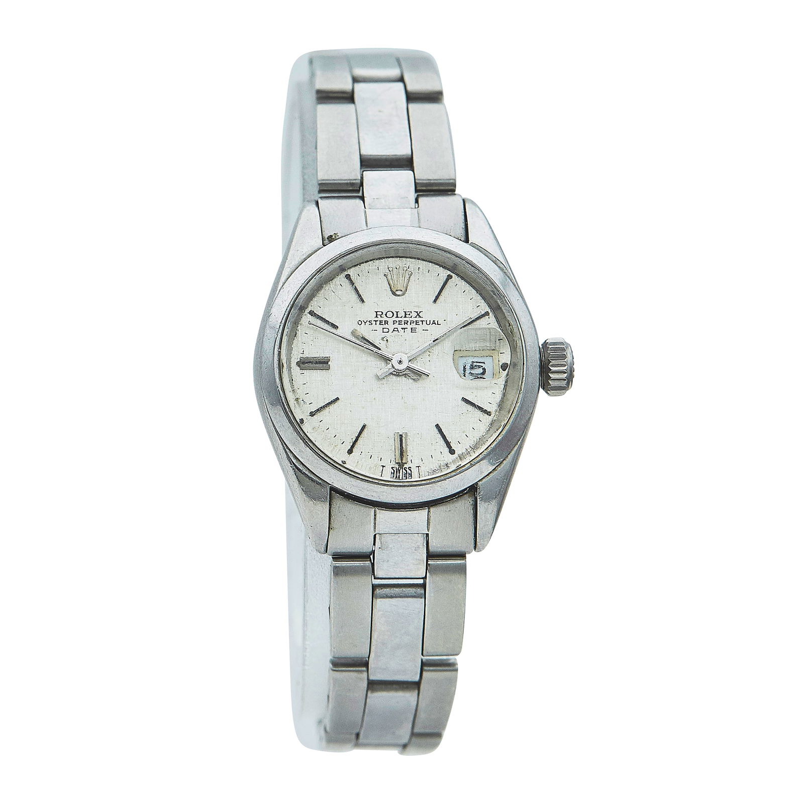 Rolex Oyster Perpetual Date Stainless Steel Watch Ref. 6916, circa 1972: BRAND: Rolex; STYLE: Oyster Perpetual Date; REF. #: 6916; CONDITION: Pre-owned, Fair; YEAR: Circa 1972; ADDITIONAL COMMENTS: 2 mil serial, Scratches throughout acrylic crystal, Heavy scratches