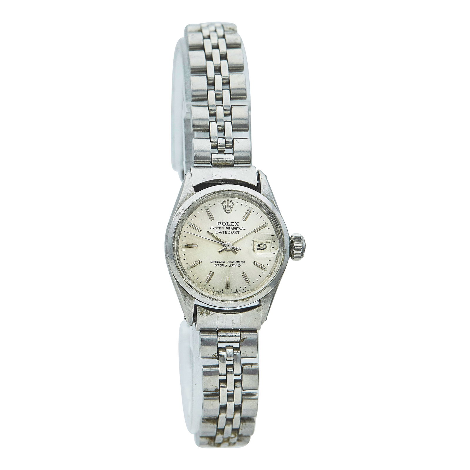 Rolex Datejust Stainless Steel Watch Ref. 6516, circa 1968: BRAND: Rolex; STYLE: Datejust; REF. #: 6516; CONDITION: Pre-owned, Fair; YEAR: Circa 1968; ADDITIONAL COMMENTS: 1 mil serial, Scratches throughout acrylic crystal with chip near 10 o'clock marker,