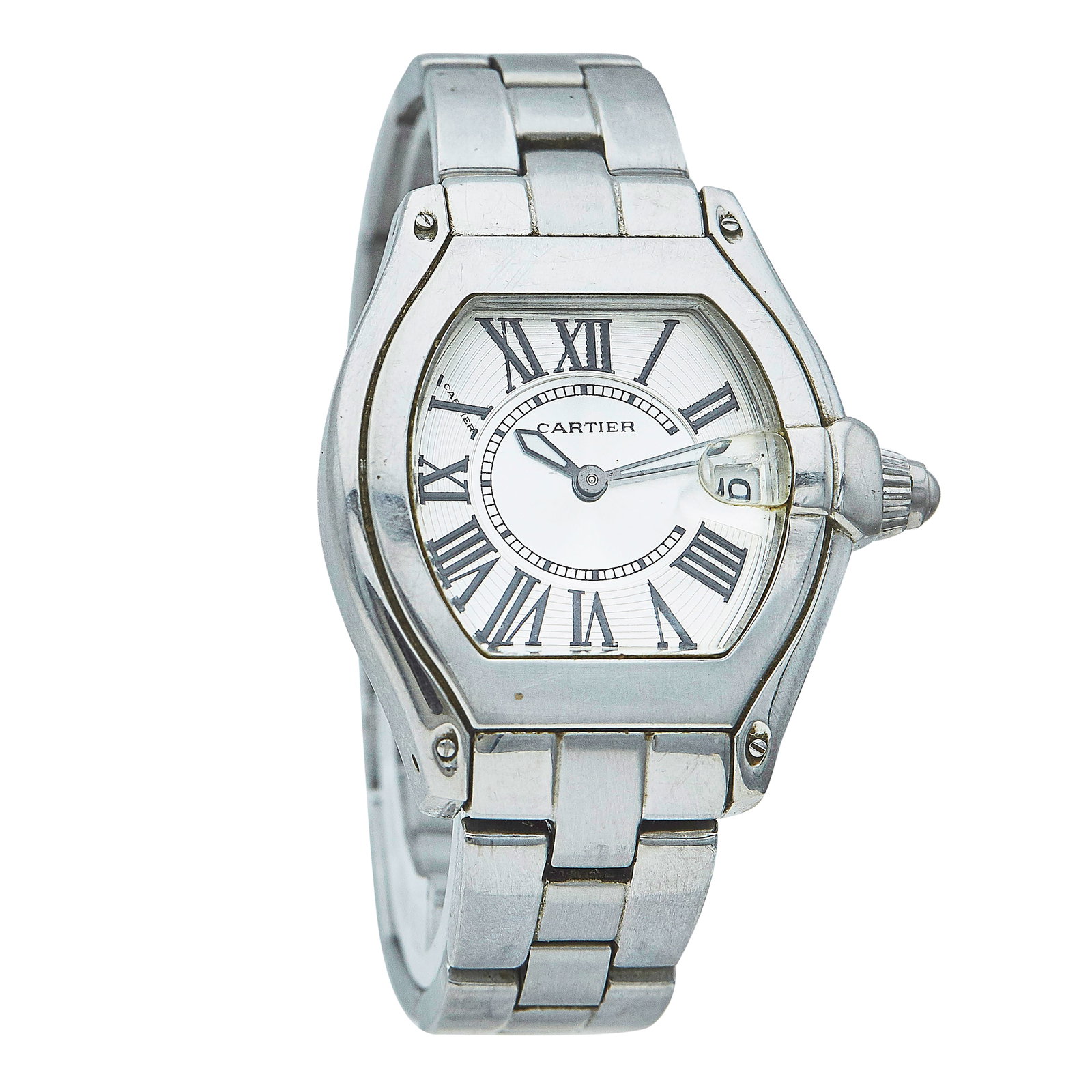Cartier Roadster Stainless Steel Watch Ref. 2510, circa 2000: BRAND: Cartier; STYLE: Roadster; REF. #: 2510; CONDITION: Pre-owned, Fair; YEAR: Circa 2000; ADDITIONAL COMMENTS: Moderate scratches throughout watch, Scratches on number magnifier; CASE SIZE (mm):