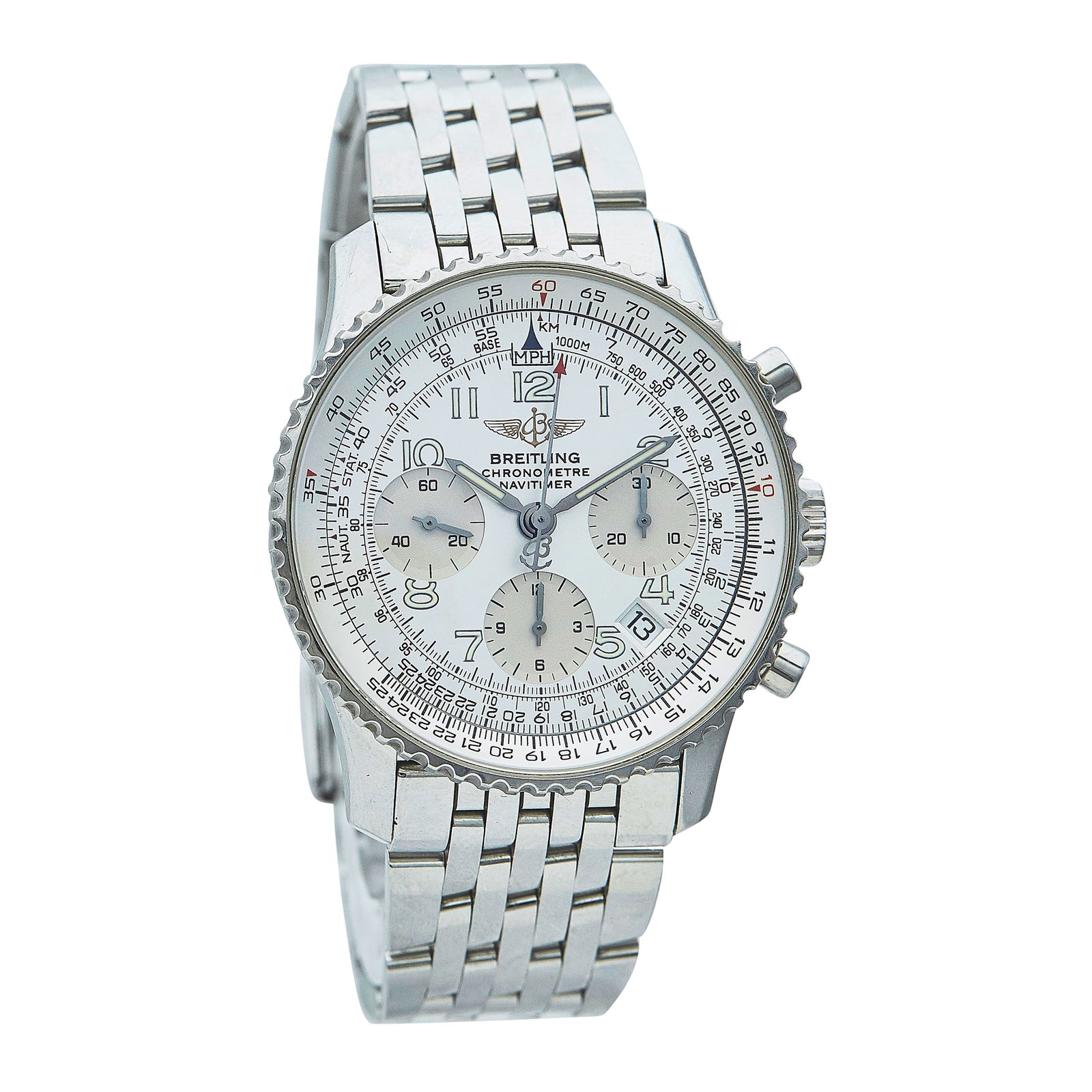 Breitling Navitimer Stainless Steel Watch Ref. A23322, circa 2010: BRAND: Breitling; STYLE: Navitimer; REF. #: A23322; CONDITION: Pre-owned, Very Good; YEAR: Circa 2010; ADDITIONAL COMMENTS: Scratches throughout watch, Accompanied by branded leather strap; CASE SIZE