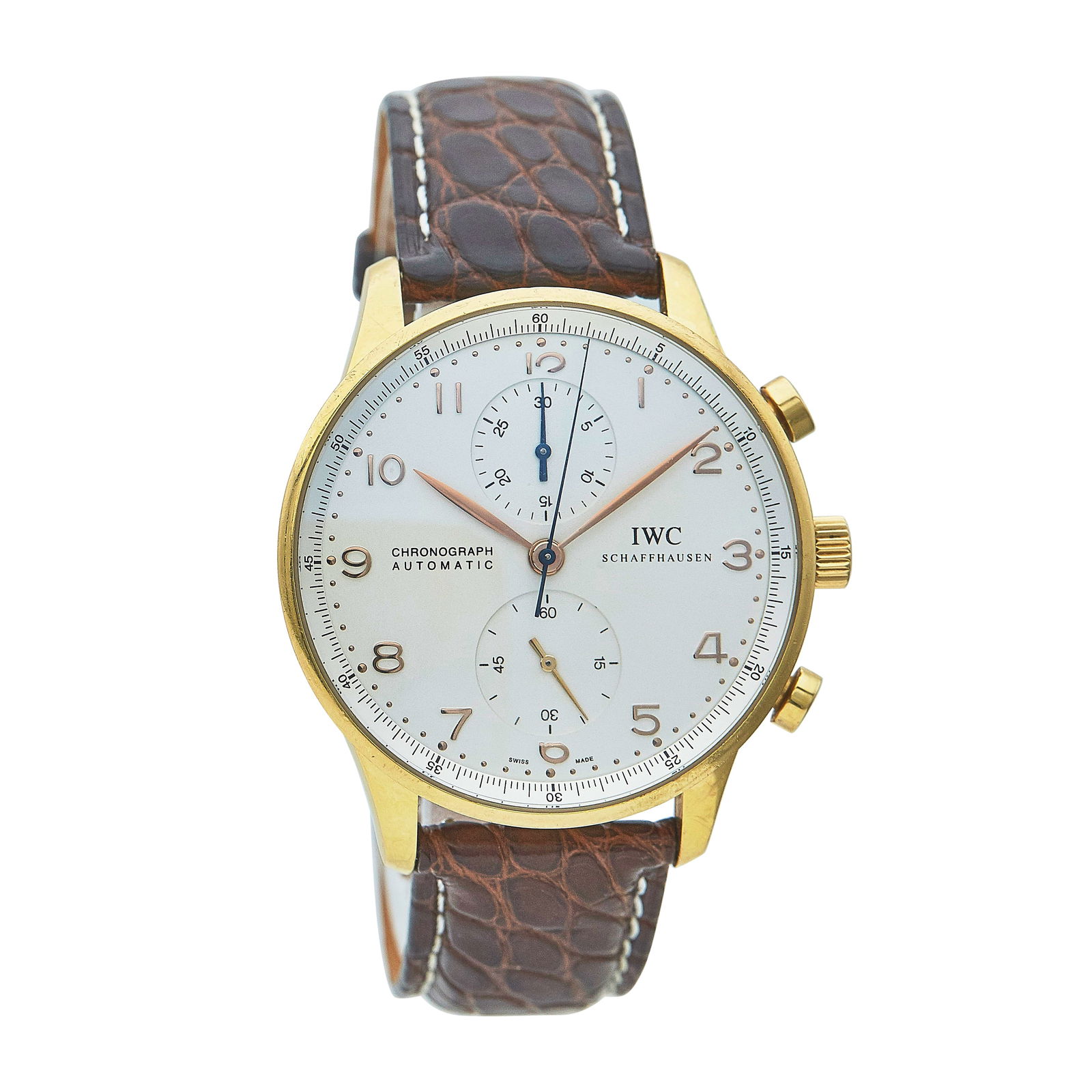 IWC Portugieser Chronograph 18K Rose Gold Watch Ref. IW371402, circa 2005: BRAND: IWC; STYLE: Portugieser Chronograph; REF. #: IW371402; CONDITION: Pre-owned, Very Good; YEAR: Circa 2005; ADDITIONAL COMMENTS: Scratches throughout case; CASE SIZE (mm): 41; CASE MATERIAL: 18K