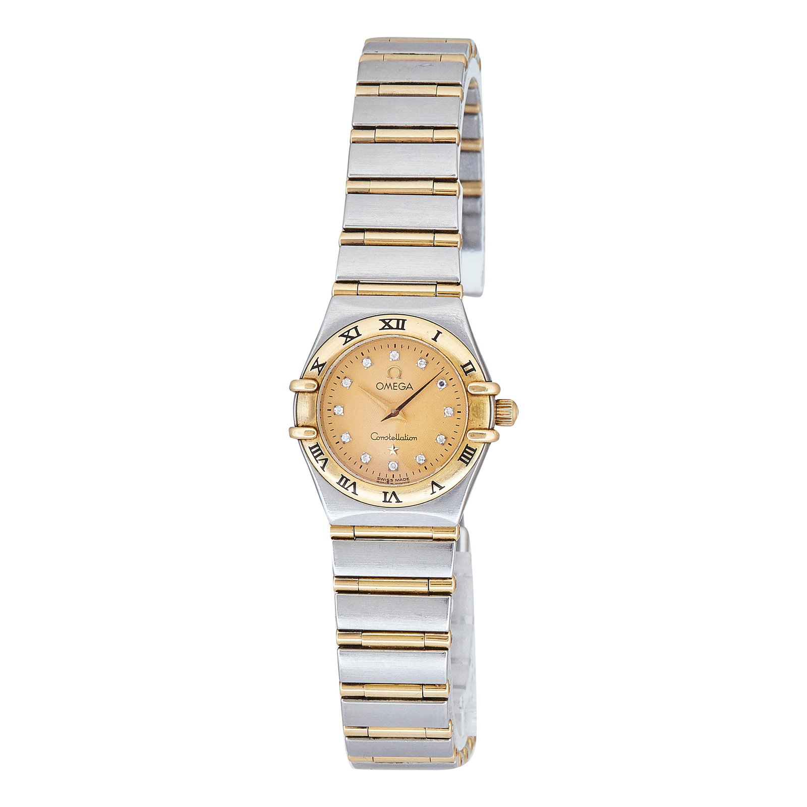 Omega Constellation 18K Yellow Gold/SS Watch Ref. 131.20.25.60.58.001, circa 2000: BRAND: Omega; STYLE: Constellation; REF. #: 131.20.25.60.58.001; CONDITION: Pre-owned, Very Good; YEAR: Circa 2000; ADDITIONAL COMMENTS: Case with scratches and indentations, Comes with five