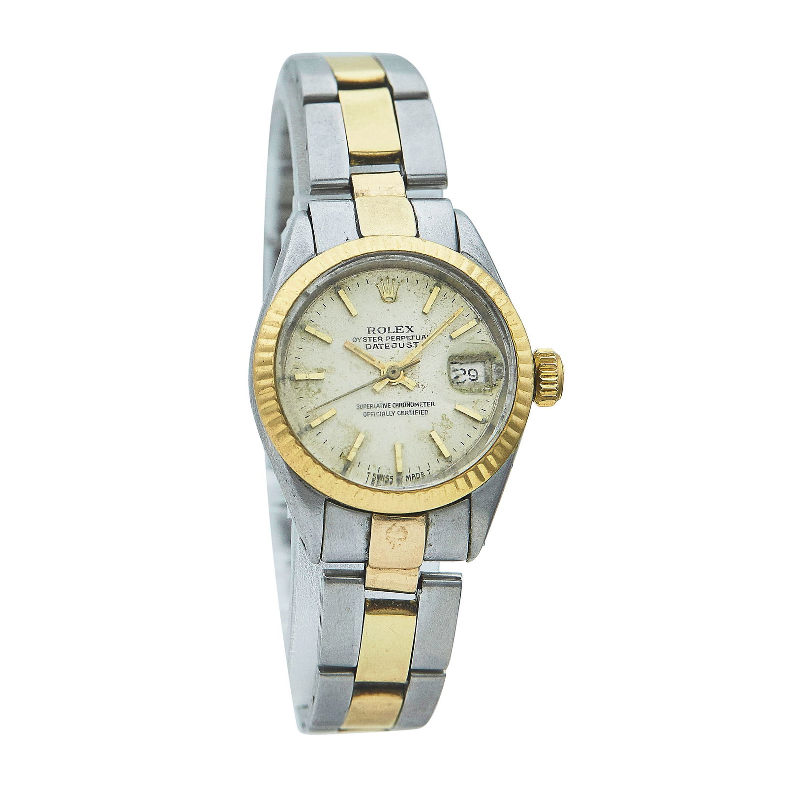 Rolex Datejust 18K Yellow Gold/SS Watch Ref. 6916, circa 1972: BRAND: Rolex; STYLE: Datejust; REF. #: 6916; CONDITION: Pre-owned, Poor; YEAR: Circa 1972; ADDITIONAL COMMENTS: 5.6 mil serial, Staining on the dial, heavy stretch to bracelet, Scratches and