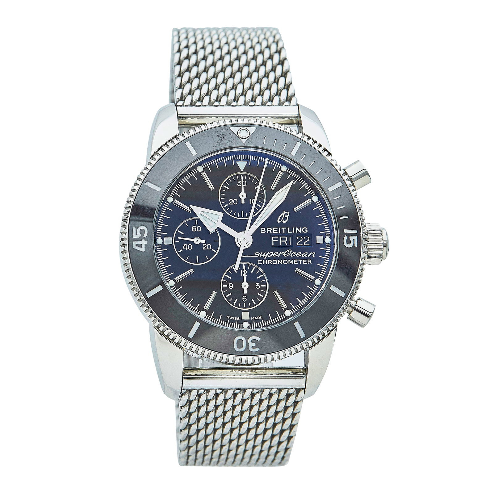 Breitling Superocean Heritage Stainless Steel Watch Ref. A13313, circa 2022: BRAND: Breitling; STYLE: Superocean Heritage; REF. #: A13313; CONDITION: Pre-owned, Very Good; YEAR: Circa 2022; ADDITIONAL COMMENTS: Watch with light scratches and and fleabite impacts on upper
