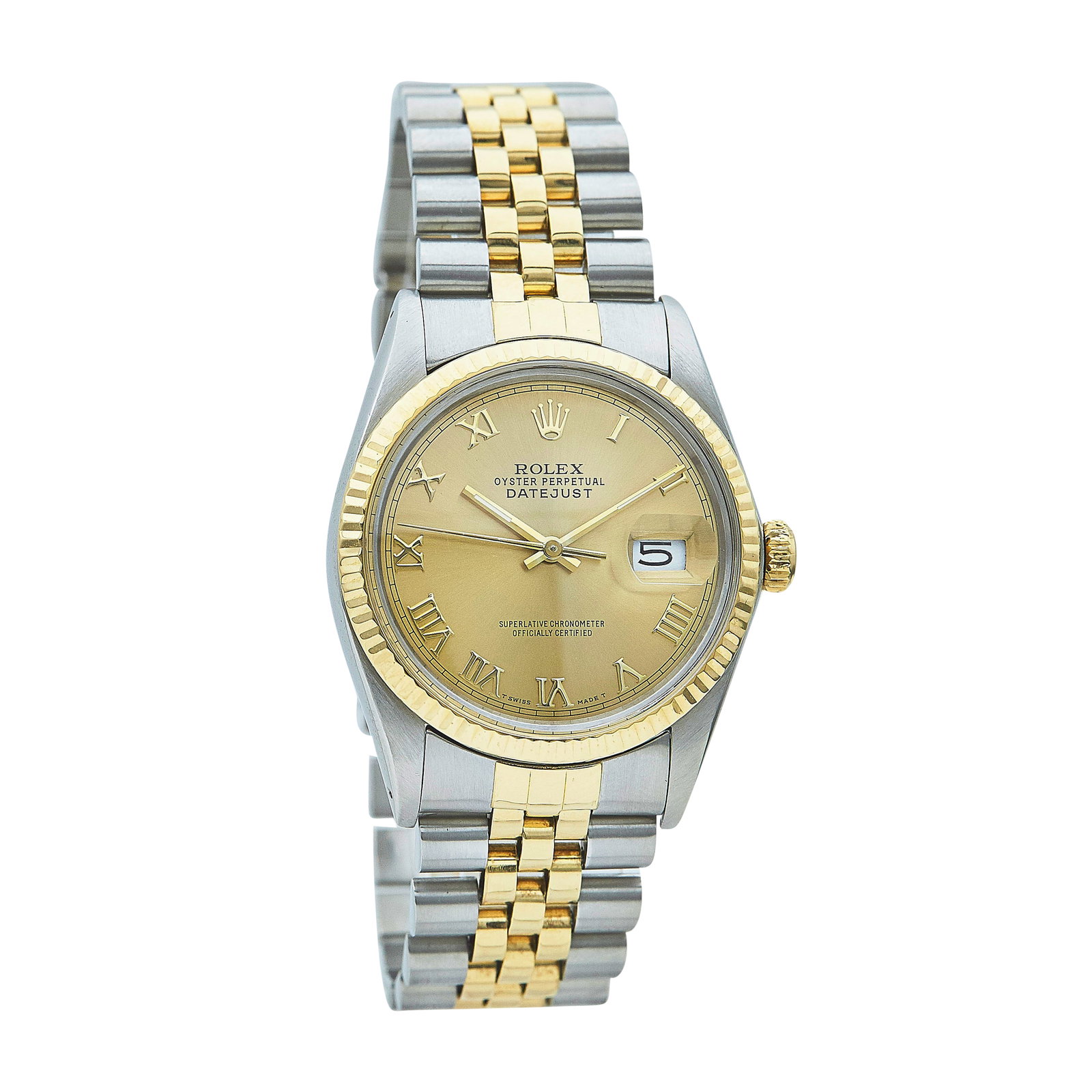Rolex Datejust 18K YG/SS Watch Ref. 16013, circa 1986: BRAND: Rolex; STYLE: Datejust; REF. #: 16013; CONDITION: Pre-owned, Very Good; YEAR: Circa 1986; ADDITIONAL COMMENTS: Light scratches on crystal, Bracelet with moderate stretch, Light scratches