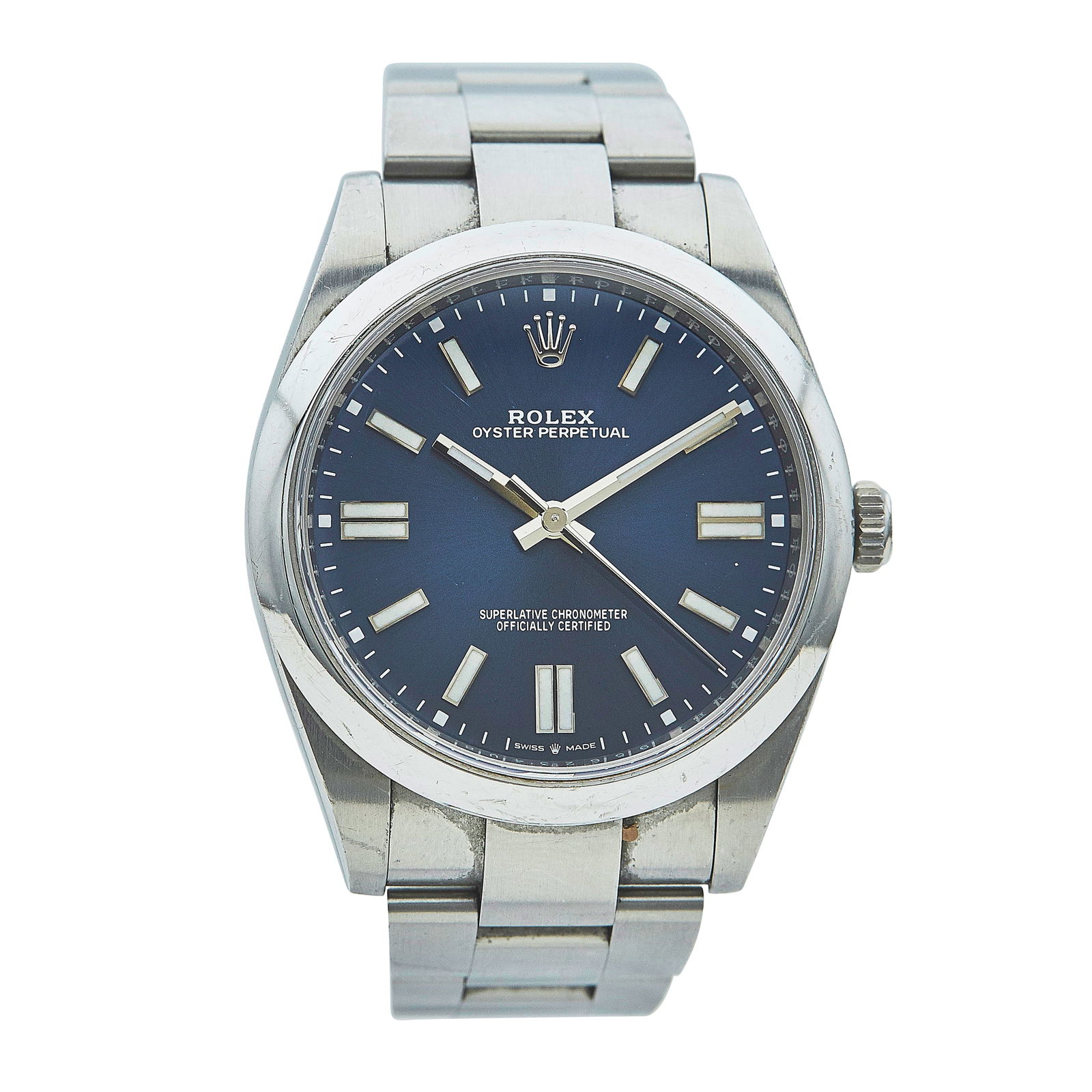 Rolex Oyster Perpetual Stainless Steel Watch Ref. 124300, circa 2011: BRAND: Rolex; STYLE: Oyster Perpetual; REF. #: 124300; CONDITION: Pre-owned, Good; YEAR: Circa 2011; ADDITIONAL COMMENTS: Scrambled serial, Light chips to edge of crystal and scratch near 11 o'clock m