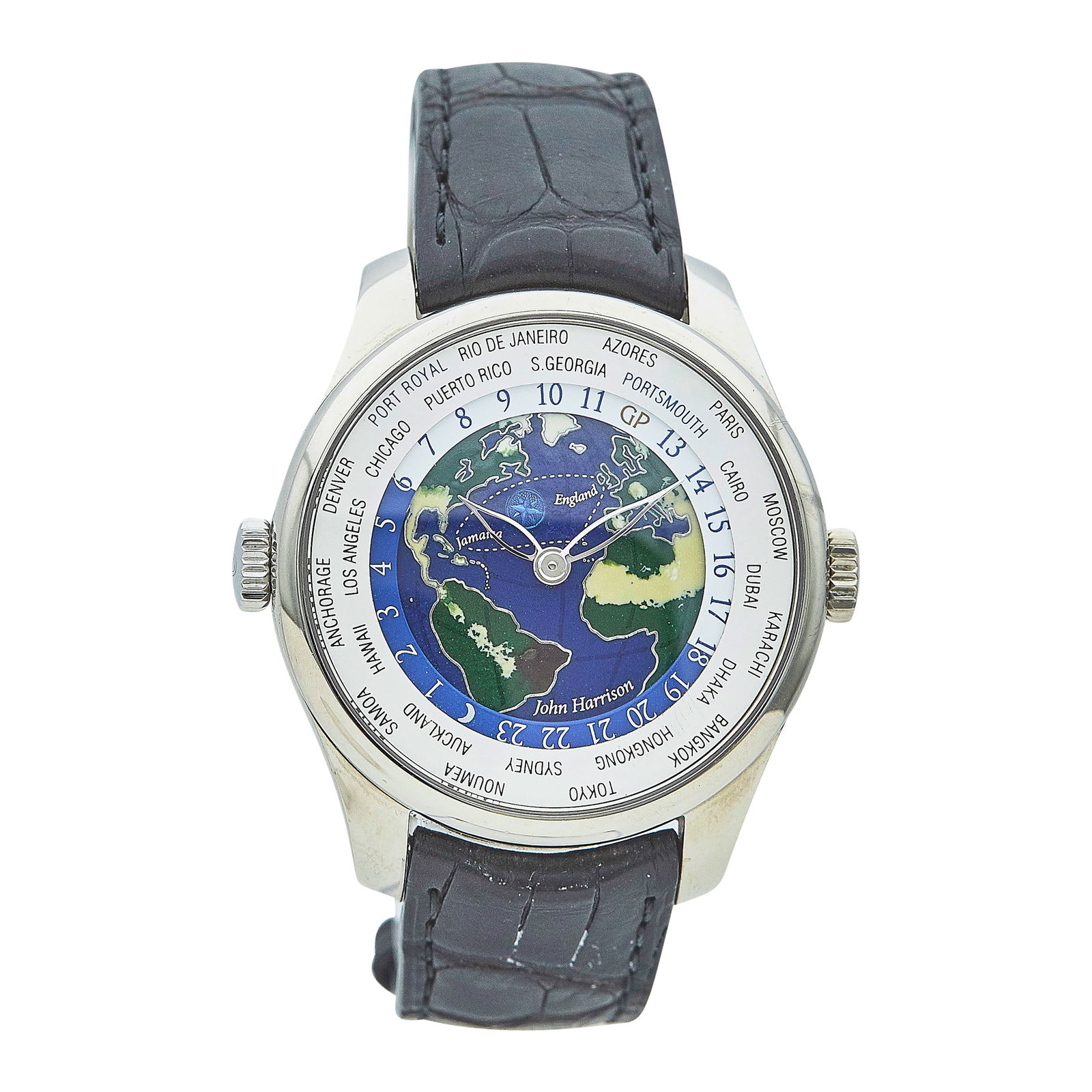 Girard Perregaux WW.TC 18K White Gold Watch Ref. 49870, circa 2010: BRAND: Girard Perregaux; STYLE: WW.TC; REF. #: 49870; CONDITION: Pre-owned, Very Good; YEAR: Circa 2010; ADDITIONAL COMMENTS: Light scratches throughout watch; CASE SIZE (mm): 41; CASE MATERIAL: 18K W