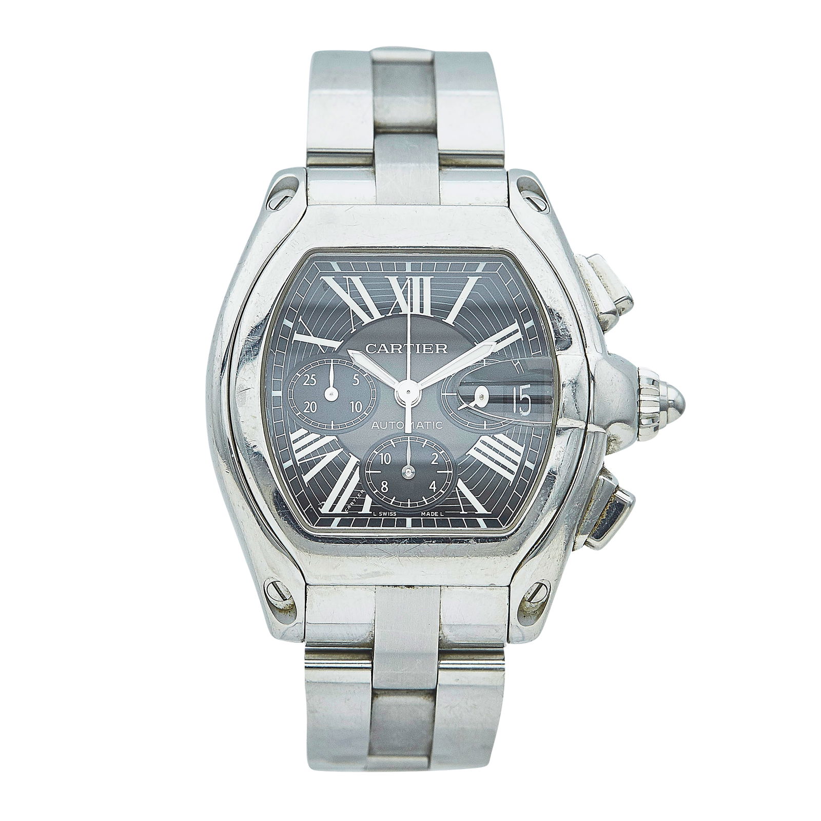 Cartier Roadster XL Stainless Steel Watch Ref. W62020X6, circa 2010: BRAND: Cartier; STYLE: Roadster XL; REF. #: W62020X6; CONDITION: Pre-owned, Good; YEAR: Circa 2010; ADDITIONAL COMMENTS: Scratches and very small impacts to crystal, With scratches, impacts and scuffs