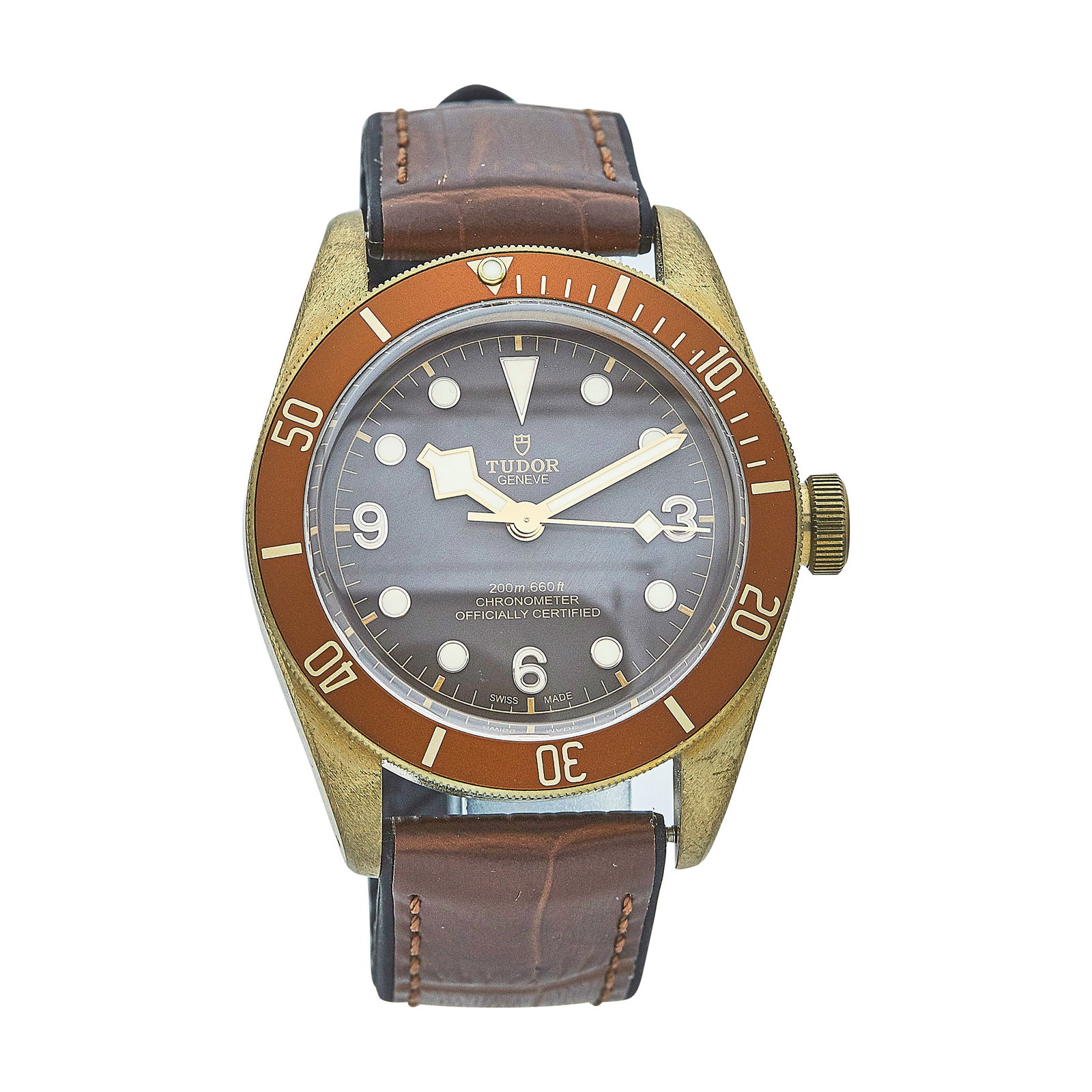 Tudor Black Bay Bronze Watch Ref. 79250B, circa 2020: BRAND: Tudor; STYLE: Black Bay; REF. #: 79250B; CONDITION: Pre-owned, Very Good; YEAR: Circa 2020; ADDITIONAL COMMENTS: Scratches between bottom lugs and on bottoms lugs from strap changes, Aftermarke