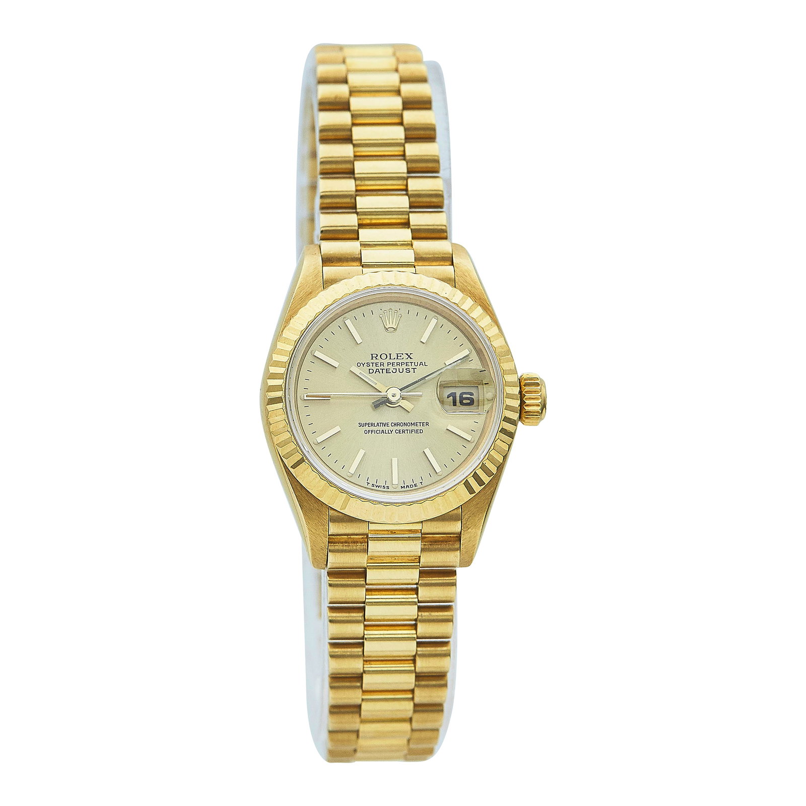 Rolex Datejust 18K Yellow Gold Watch Ref. 69178, circa 1996: BRAND: Rolex; STYLE: Datejust; REF. #: 69178; CONDITION: Pre-owned, Very Good; YEAR: Circa 1996; ADDITIONAL COMMENTS: T serial, Light scratches throughout watch, Very light nicks around edge of dial,