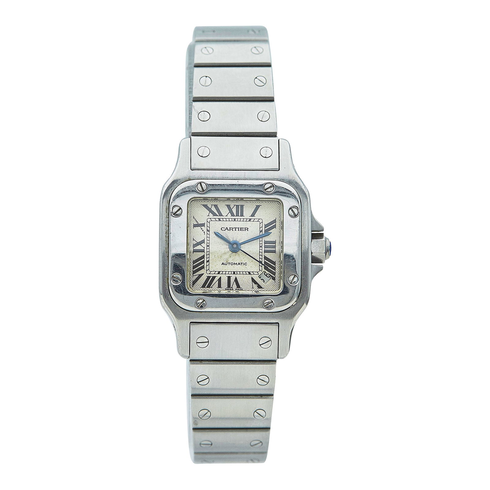Cartier Santos de Cartier Galbée Stainless Steel Watch Ref. W20054D6, circa 2000: BRAND: Cartier; STYLE: Santos de Cartier Galbée; REF. #: W20054D6; CONDITION: Pre-owned, Good; YEAR: Circa 2000; ADDITIONAL COMMENTS: Scratches throughout watch, Nicks to edge of crystal near 9 o'clo