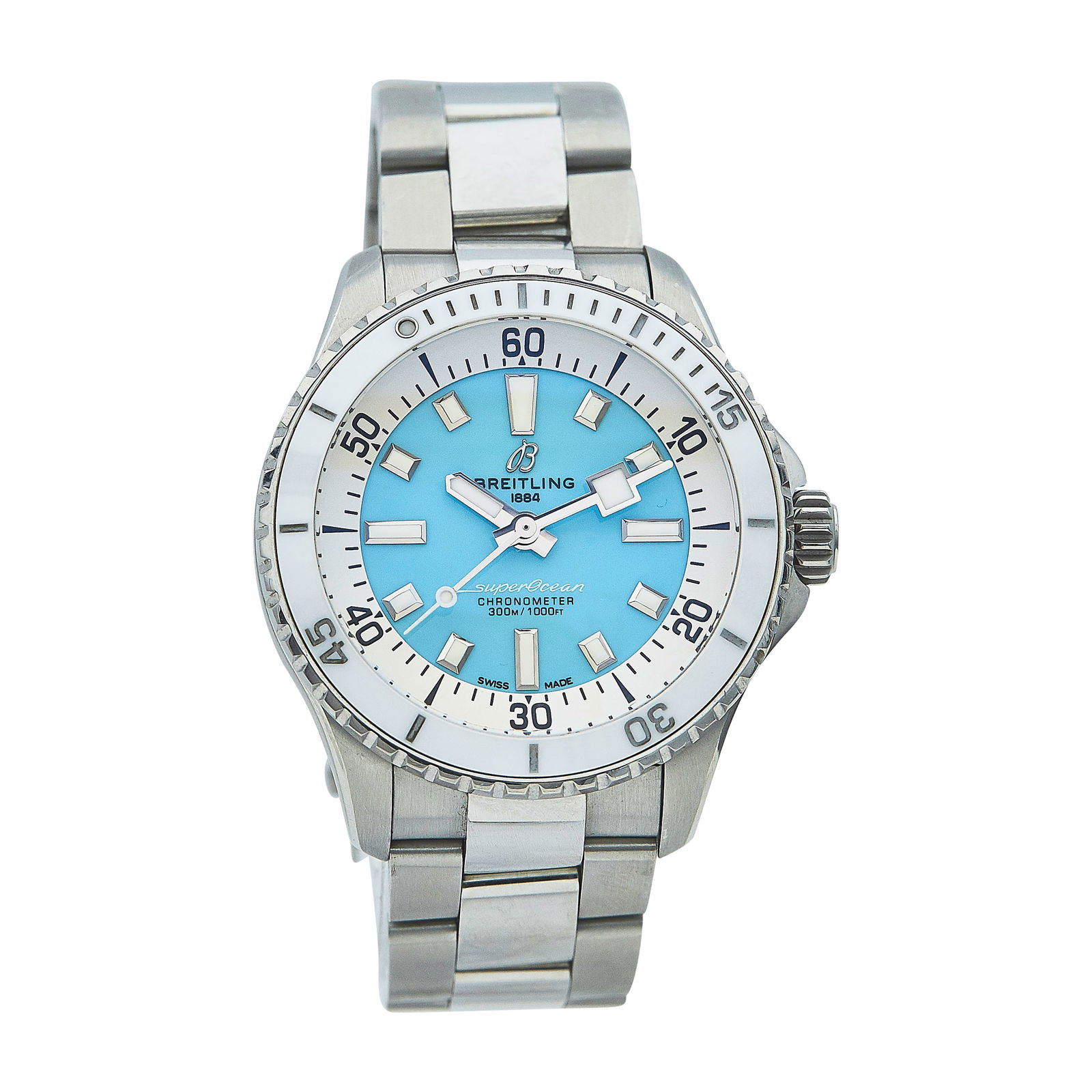 Breitling Super Ocean Stainless Steel Watch Ref. A17377, circa 2019: BRAND: Breitling; STYLE: Super Ocean; REF. #: A17377; CONDITION: Pre-owned, Very Good; YEAR: Circa 2019; ADDITIONAL COMMENTS: Scratches throughout watch, Accompanied by two extra links and Internation