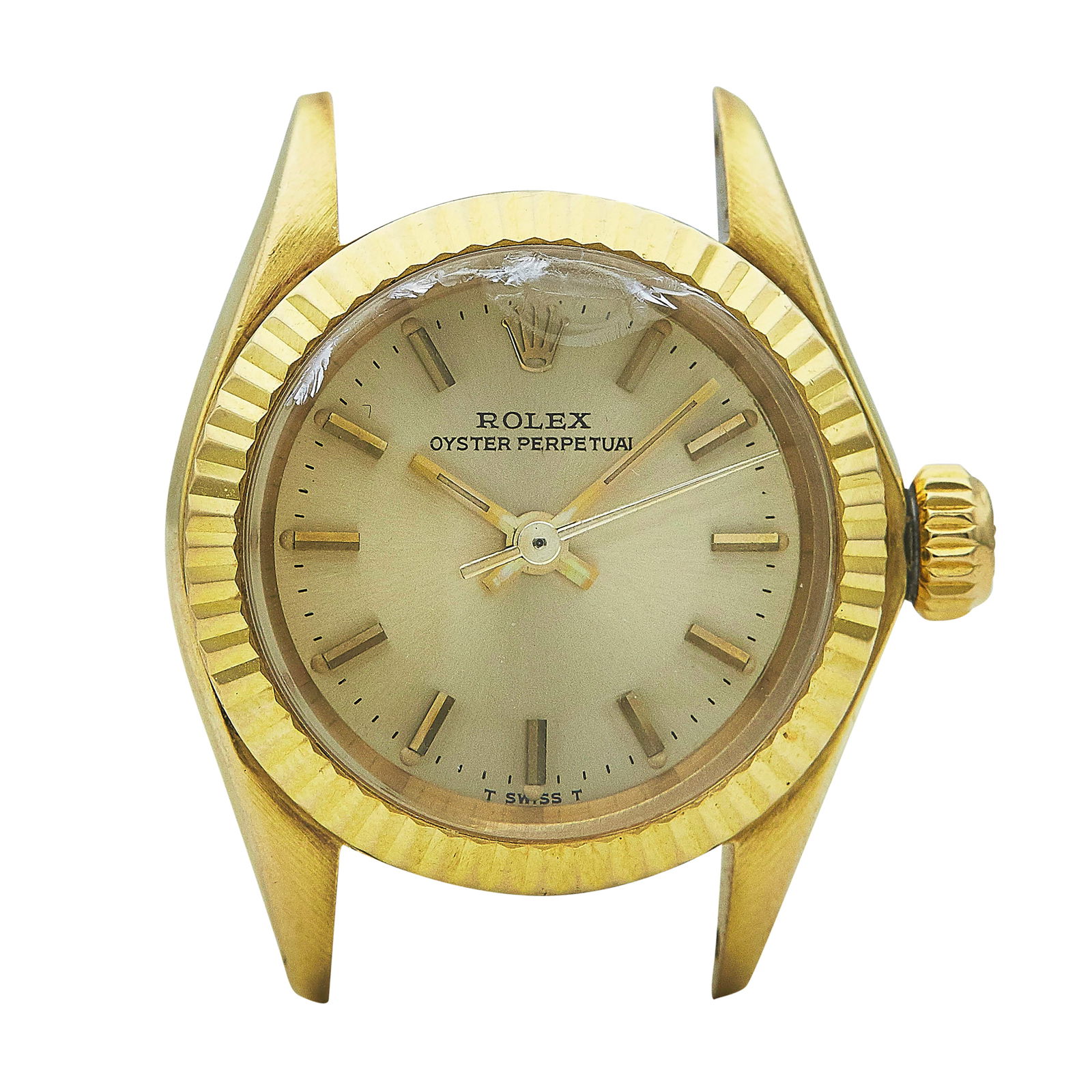 Rolex Oyster Perpetual 18K Yellow Gold Watch Ref. 6718, 1979: BRAND: Rolex; STYLE: Oyster Perpetual; REF. #: 6718; CONDITION: Pre-owned, Good; YEAR: 1979; ADDITIONAL COMMENTS: 5.9 mil serial, Scratches throughout watch, Scratches and impact to acrylic crystal th