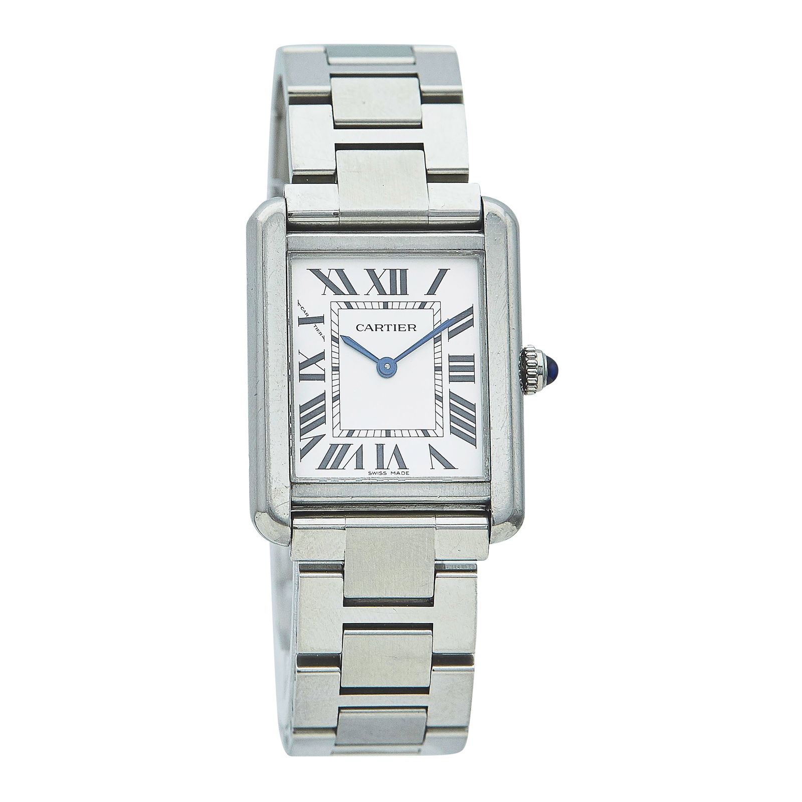 Cartier Tank Solo Stainless Steel Watch Ref. 3170, circa 2010: BRAND: Cartier; STYLE: Tank Solo; REF. #: 3170; CONDITION: Pre-owned, Very Good; YEAR: Circa 2010; ADDITIONAL COMMENTS: Scratches throughout watch, Very small impacts on right and left side of bezel,