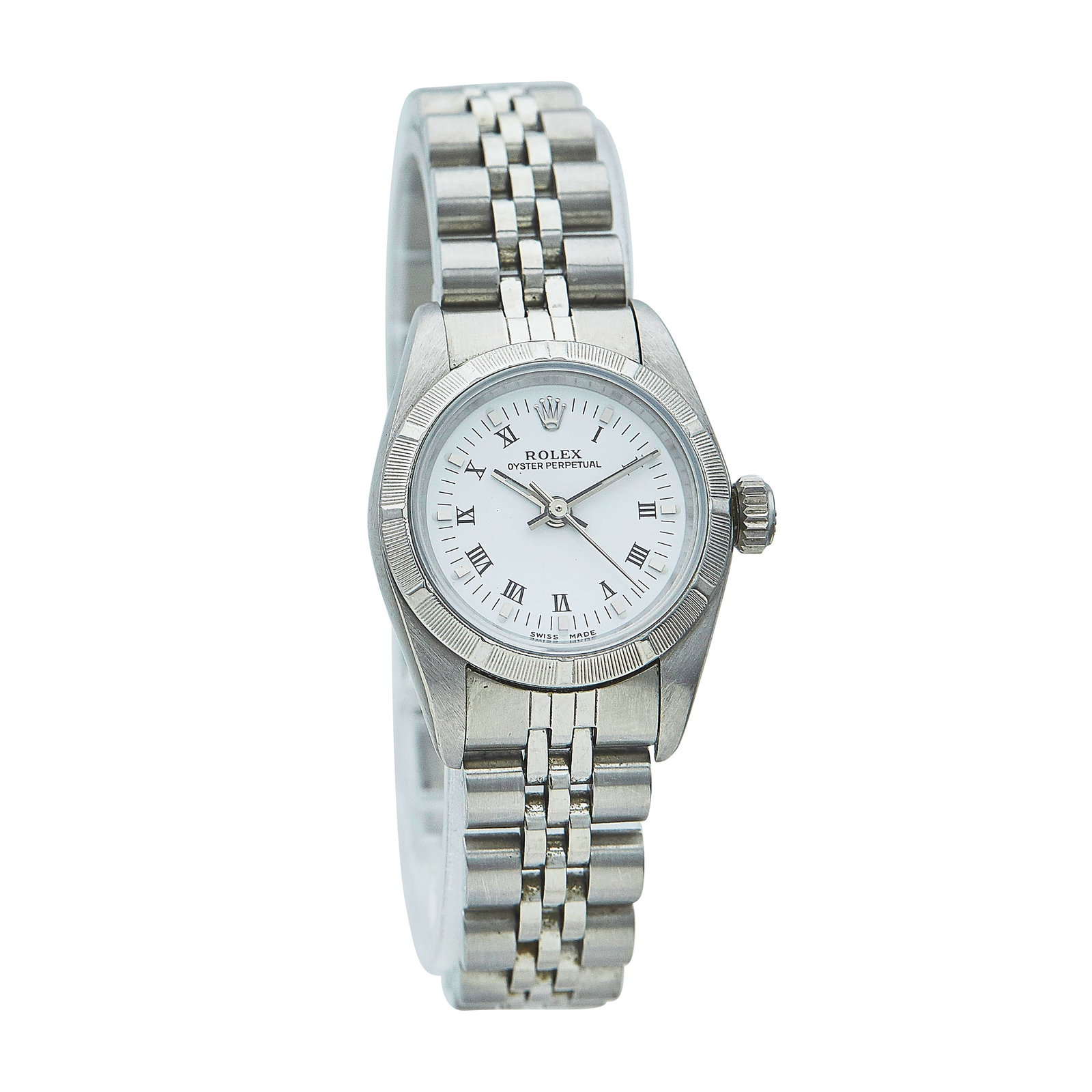 Rolex Oyster Perpetual Stainless Steel Watch Ref. 67230, circa 1996: BRAND: Rolex; STYLE: Oyster Perpetual; REF. #: 67230; CONDITION: Pre-owned, Very Good; YEAR: Circa 1996; ADDITIONAL COMMENTS: T serial, Scratches throughout watch, Moderate stretch to bracelet; CASE S