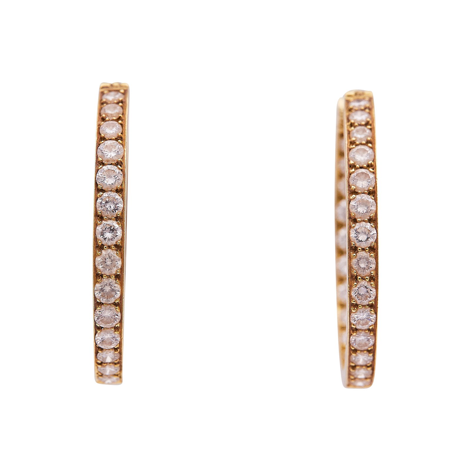 Fred Leighton 18K Yellow Gold Inside Out Diamond Hoop Earrings: BRAND: Fred Leighton; METAL: 18K Yellow Gold; APPROXIMATE TOTAL DIAMOND WEIGHT: 3.20 ctw; TESTED: 18K Yellow Gold; CONDITION: Pre-owned, Good; ITEM WEIGHT (GRAMS): 10 g; MEASUREMENTS: Earrings measure
