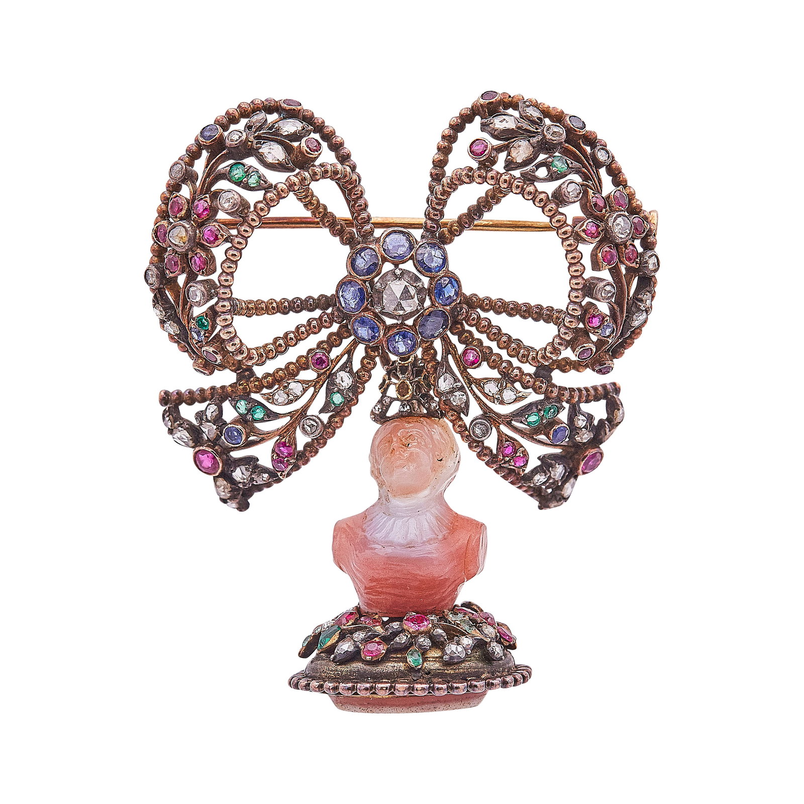 18K Yellow Gold Mixed Gemstone And Diamond Bow Brooch Pin With Detachable 14K Yellow Gold, Agate,: METAL: 18K Yellow Gold, 14K White Gold; GEMSTONES: Sapphires, Rubies, Emeralds, Citrines, and Rose Cut Diamonds. Removable dangle with a carved banded agate intaglio measuring approx. 15.5mm by 12.75m