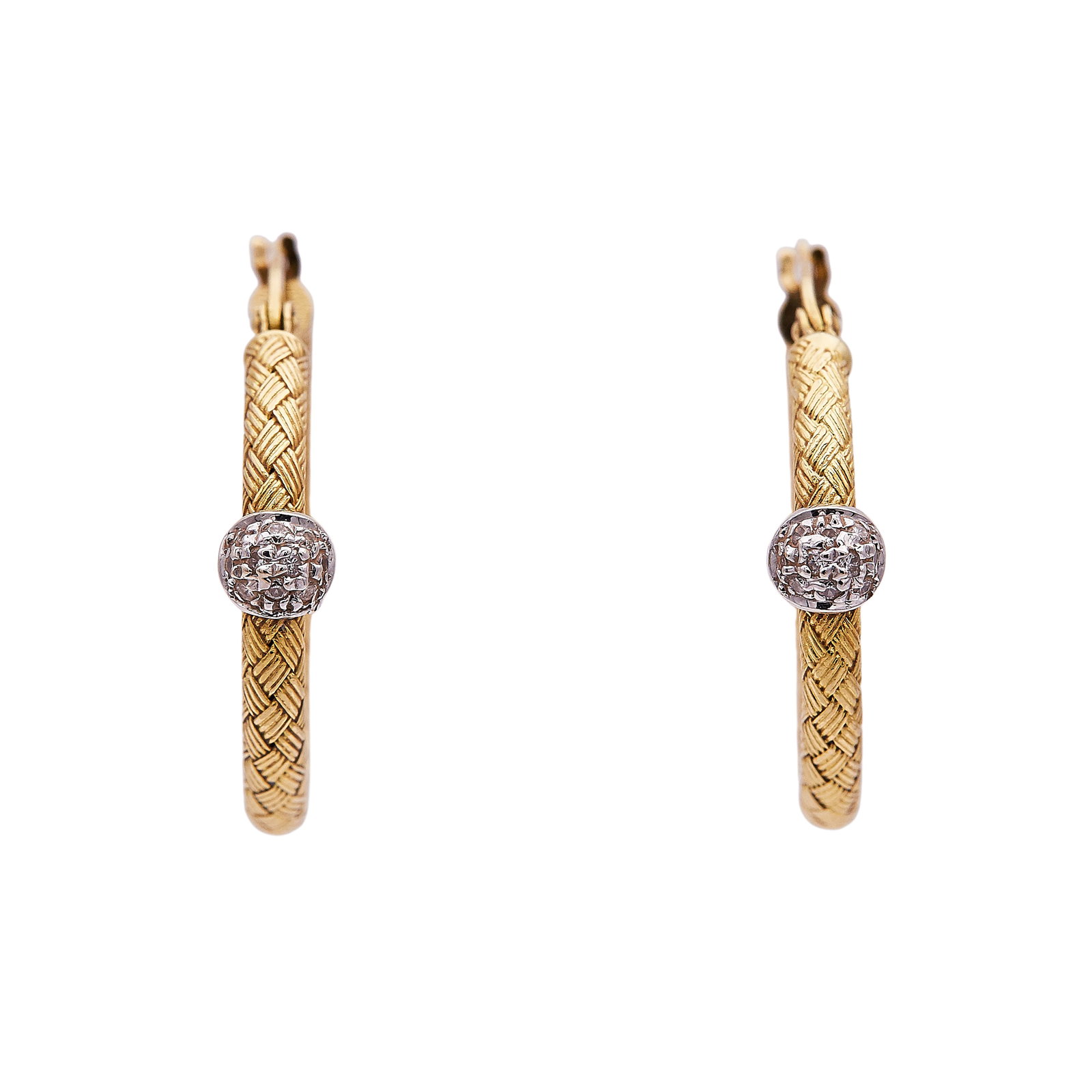 Roberto Coin 18K Yellow and White Gold Diamond Hoop Earrings: BRAND: Roberto Coin; METAL: 18K Yellow Gold/White Gold; APPROXIMATE TOTAL DIAMOND WEIGHT: 0.11 ctw; STAMPED: Italy, Italian maker's mark, 18Kt; CONDITION: Pre-owned, Very Good; ITEM WEIGHT (GRAMS): 6.