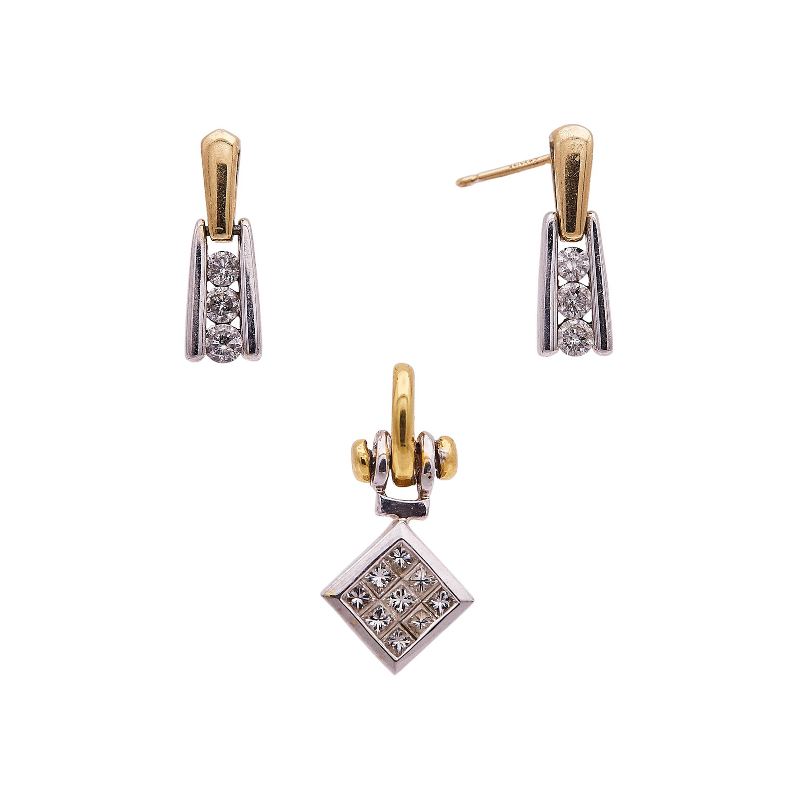 18K Yellow Gold and White Gold Diamond Pendant and A Pair 14K Yellow and White Gold Diamond Earrings (1 of 5)