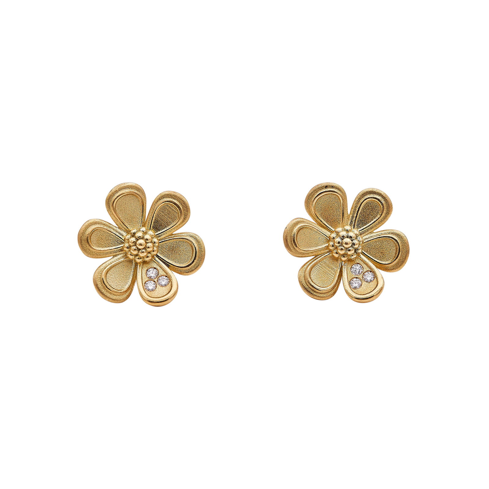 Temple St. Clair 18K Yellow Gold and Diamond Flower Stud Earrings: BRAND: Temple St. Clair; METAL: 18K Yellow Gold; APPROXIMATE TOTAL DIAMOND WEIGHT: 0.09 ctw; STAMPED: Maker's mark, 750, ITALY; CONDITION: Pre-owned, Very Good; ITEM WEIGHT (GRAMS): 6.18 g; MEASUREMEN