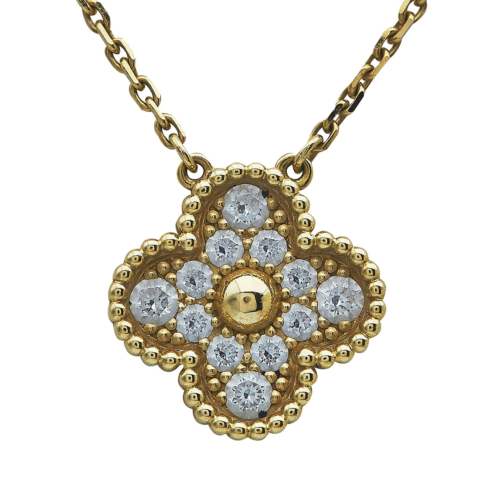 VCA Alhambra (Vintage) 18K Yellow Gold and Diamond Pendant Necklace: BRAND: VCA; COLLECTION: Alhambra (Vintage); METAL: 18K Yellow Gold; APPROXIMATE TOTAL DIAMOND WEIGHT: 0.48 ctw; STAMPED: VCA, numbered, Au750; CONDITION: Pre-owned, Excellent; ITEM WEIGHT (GRAMS): 5.8