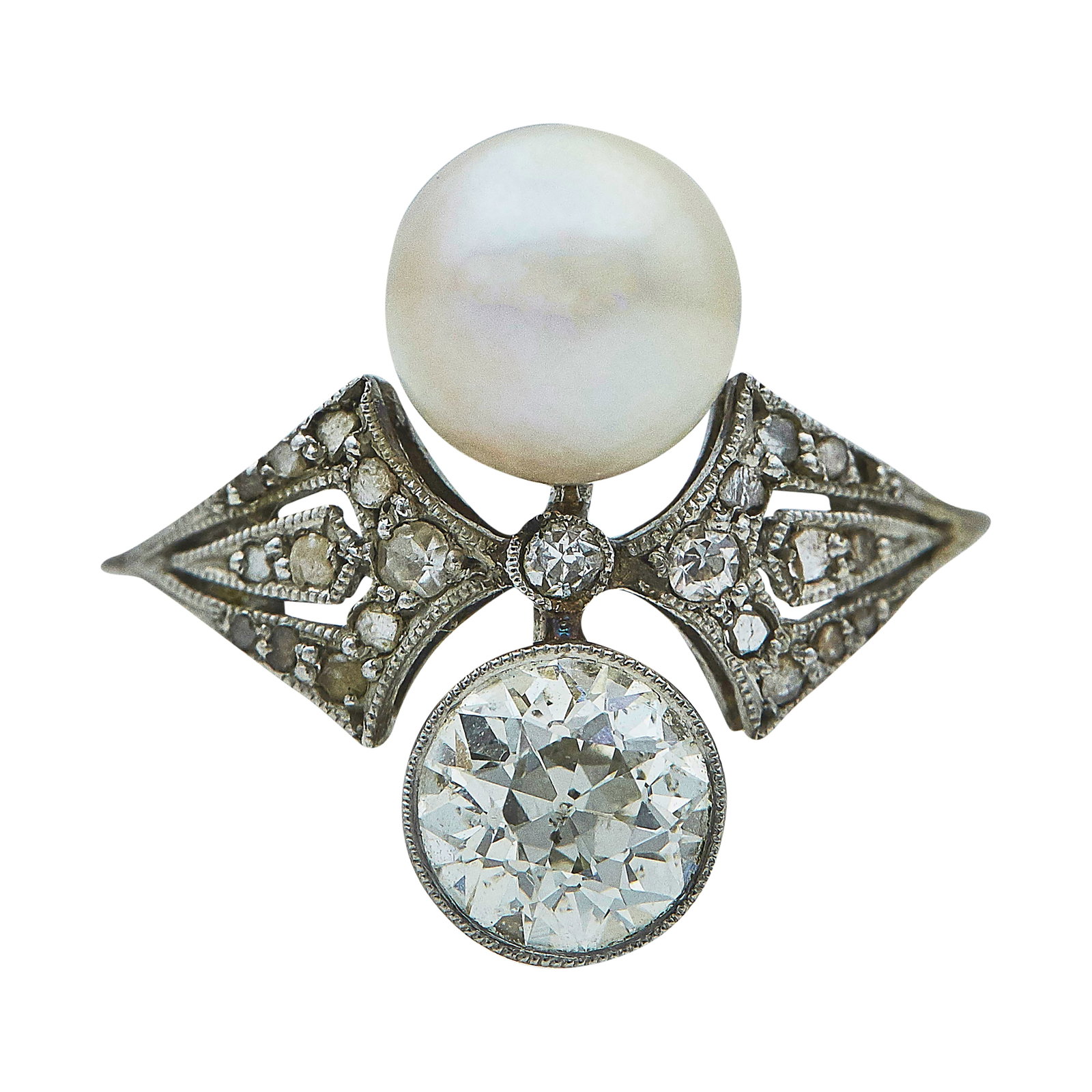 Antique Platinum Diamond And Cultured Pearl Toi Et Moi Ring: METAL: Platinum; APPROXIMATE TOTAL DIAMOND WEIGHT: 0.80 ctw; GEMSTONES: Cultured Pearl measuring approx. 7mm in diameter, rose cut diamonds; TESTED: Platinum; CONDITION: Pre-owned, Fair; ITEM WEIGHT (